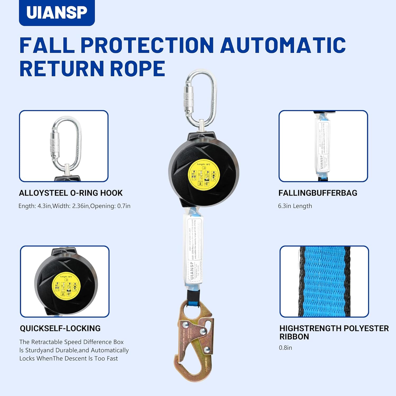 11FT Self Retracting Lifeline Fall Protection Retractable Safety Lanyard Rectracting Lifeline Personal Fall Arrest Protection ANSI Self Retractable Gear for Roofing Construction(Small Hook)