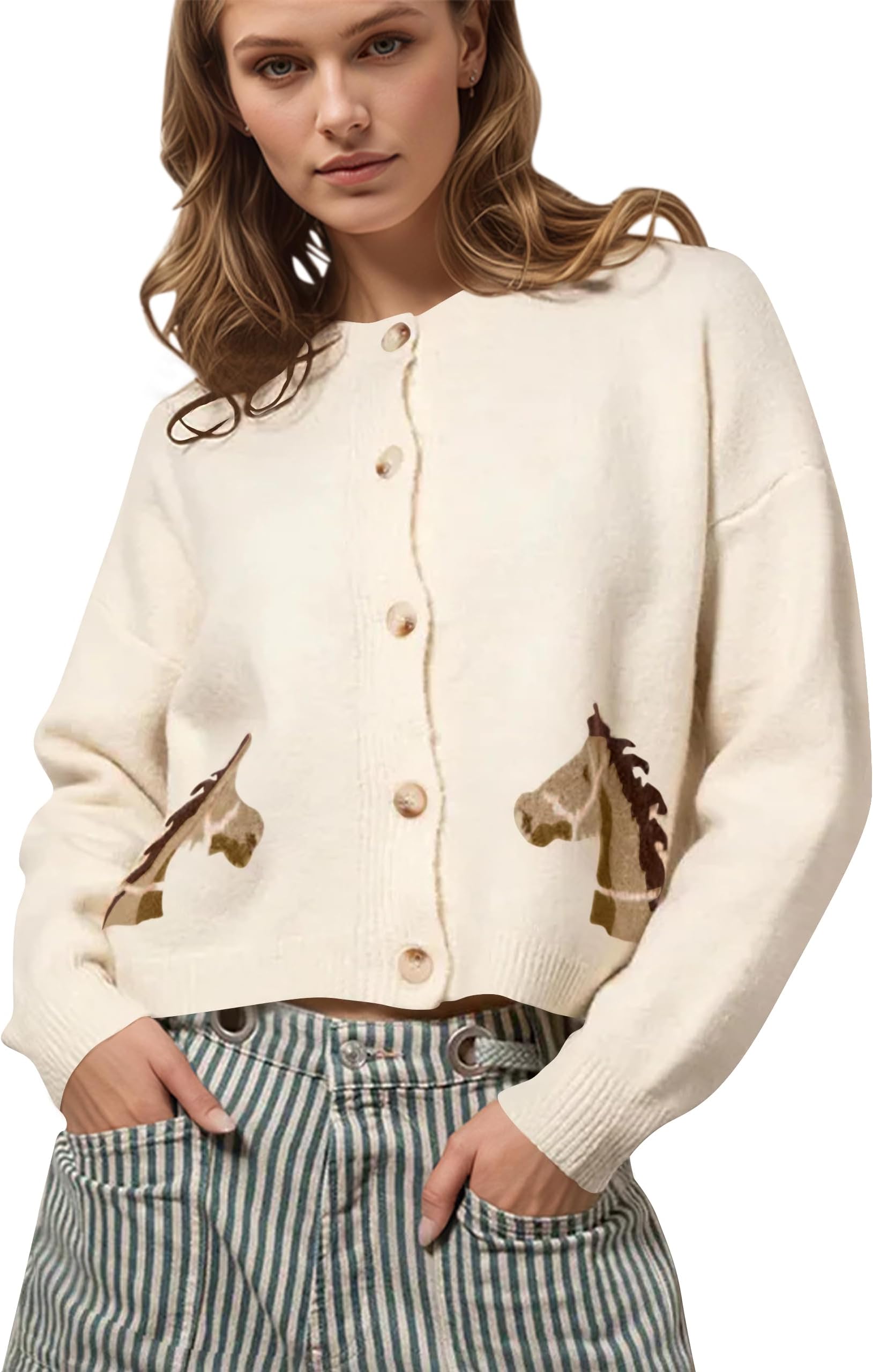 Women Horse Graphic Printed Button Down Crop Sweater Cardigan Long Sleeve Crew Neck Knit Casual Cropped Cardigans