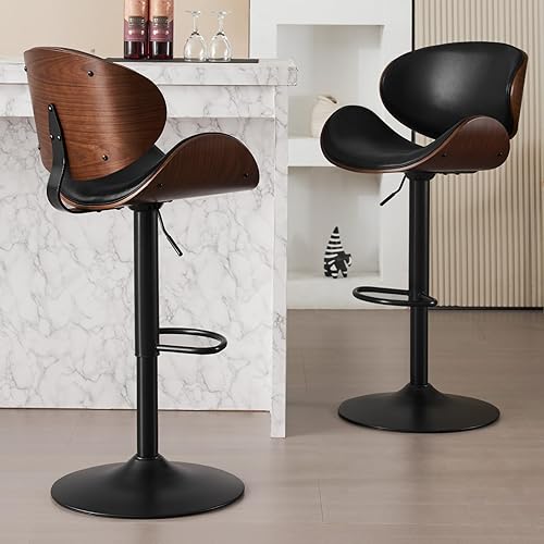 Miniatura 7 de Juego de 2 taburetes de bar ajustables de madera curvada moderna con base de metal y reposapiés, taburete de bar tapizado de piel sintética con