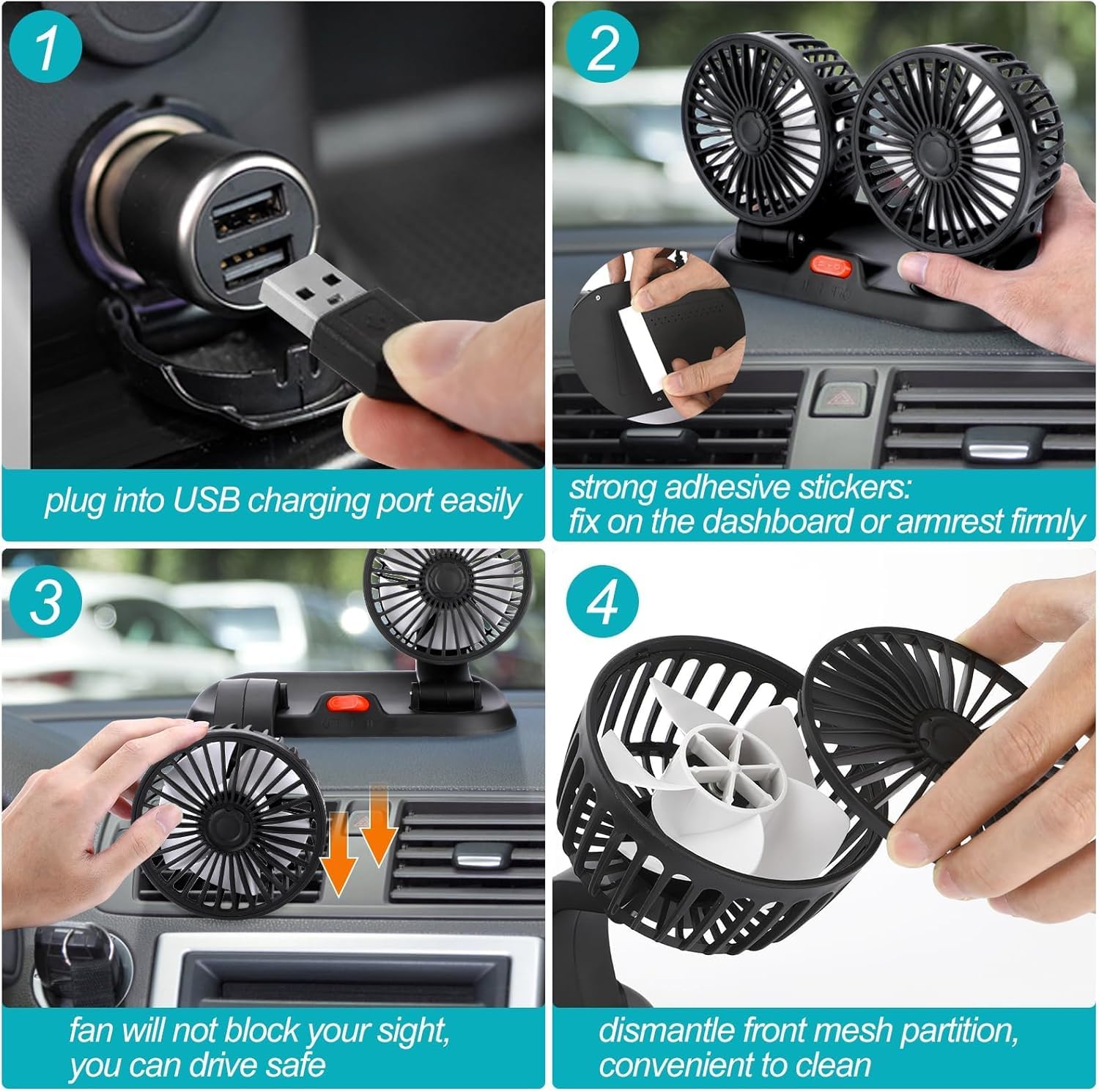 Ventilateur Double Têtes - Rotation à 360° - 12V USB Ventilateurs de Refroidissement Avec 2 Vitesses - Pour tableau, Bureau de bord - Mini Portable Ventilateuren de table - Ventouse (5v)