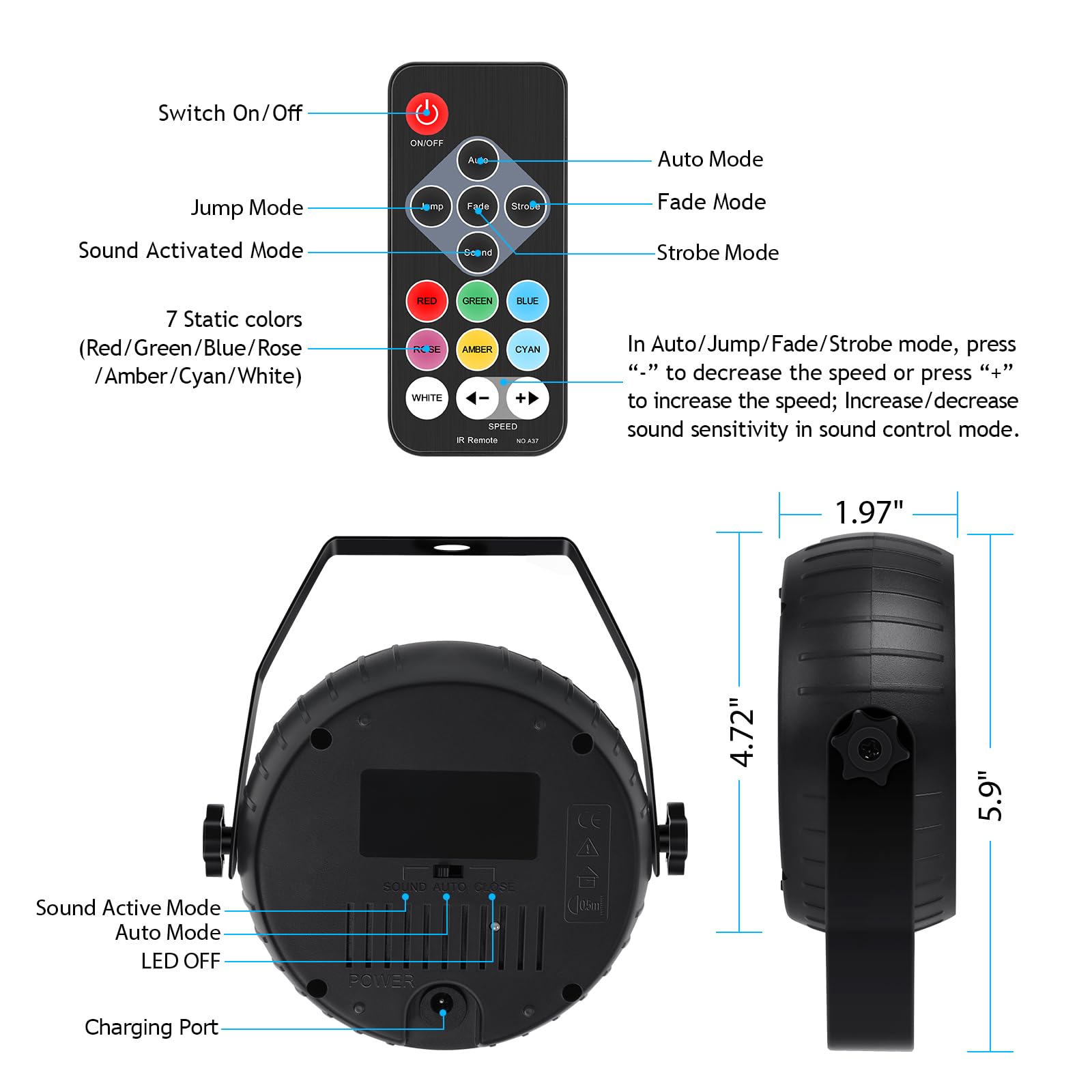 Telbum Luz estroboscópica recargable, funciona con pilas, RGB 54 LED, estroboscópico con mando a distancia, luz estroboscópica para Halloween, sonido activado, luces de fiesta, para DJ, Navidad, boda,