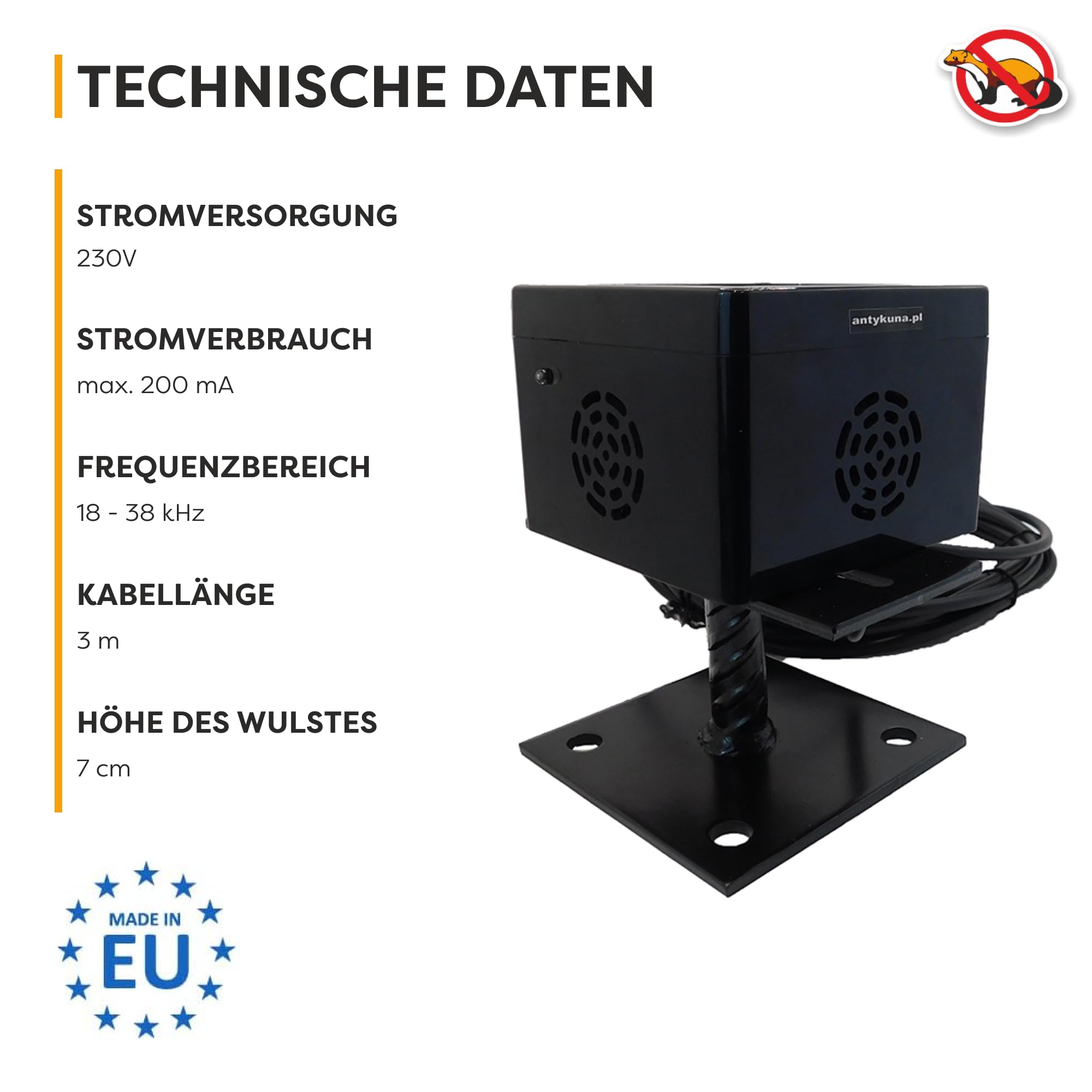 ANTYKUNA Hermetischer Mardervertreiber Light Predator – Leise 48 dB | 4 Lautsprecher | Für Parkplatz, Dachboden & Garten | Nachtbetrieb