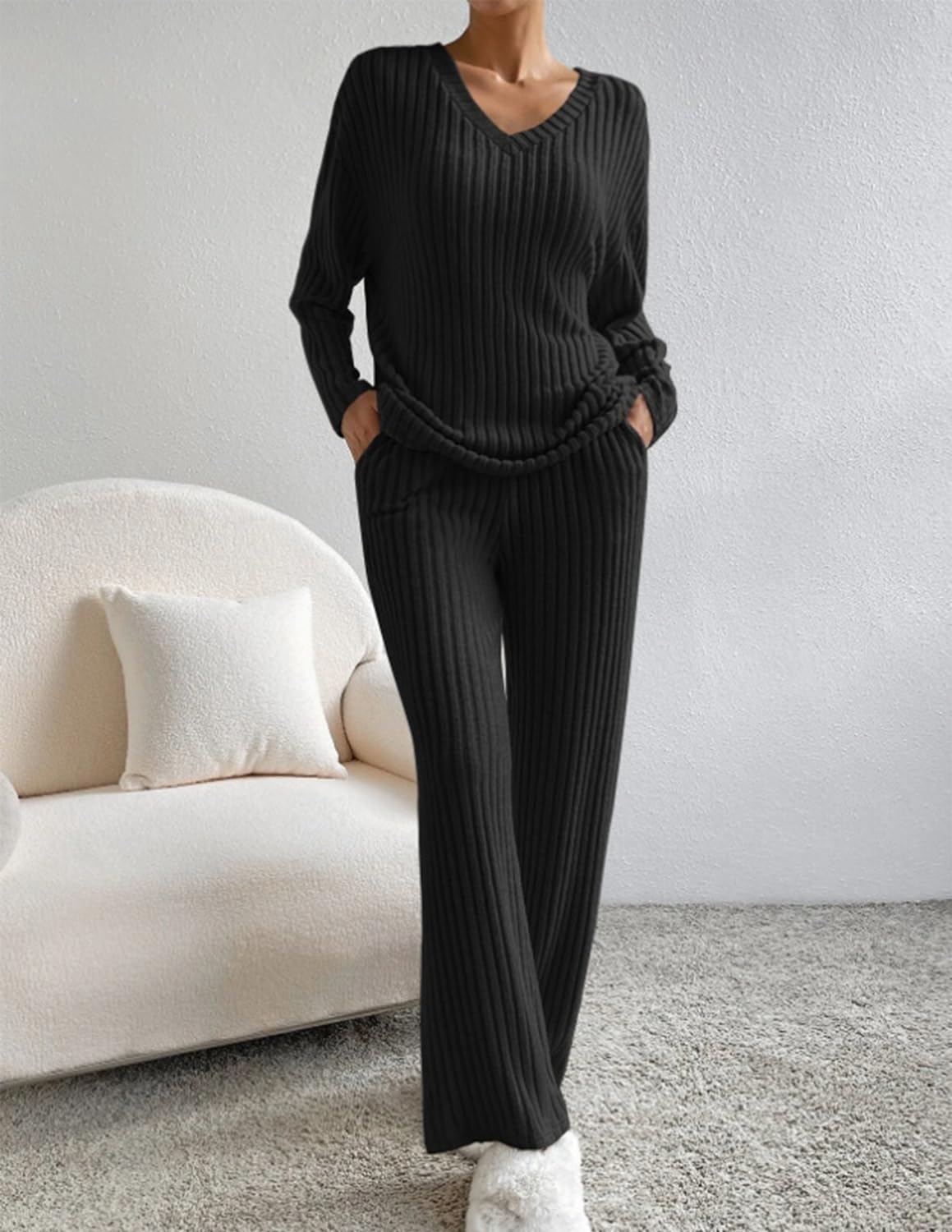Femme Ensemble de Costume 2 Pièces Manches Longue Tricot Côtelé Pantalon Droit Survêtement Col en V Automne Hiver