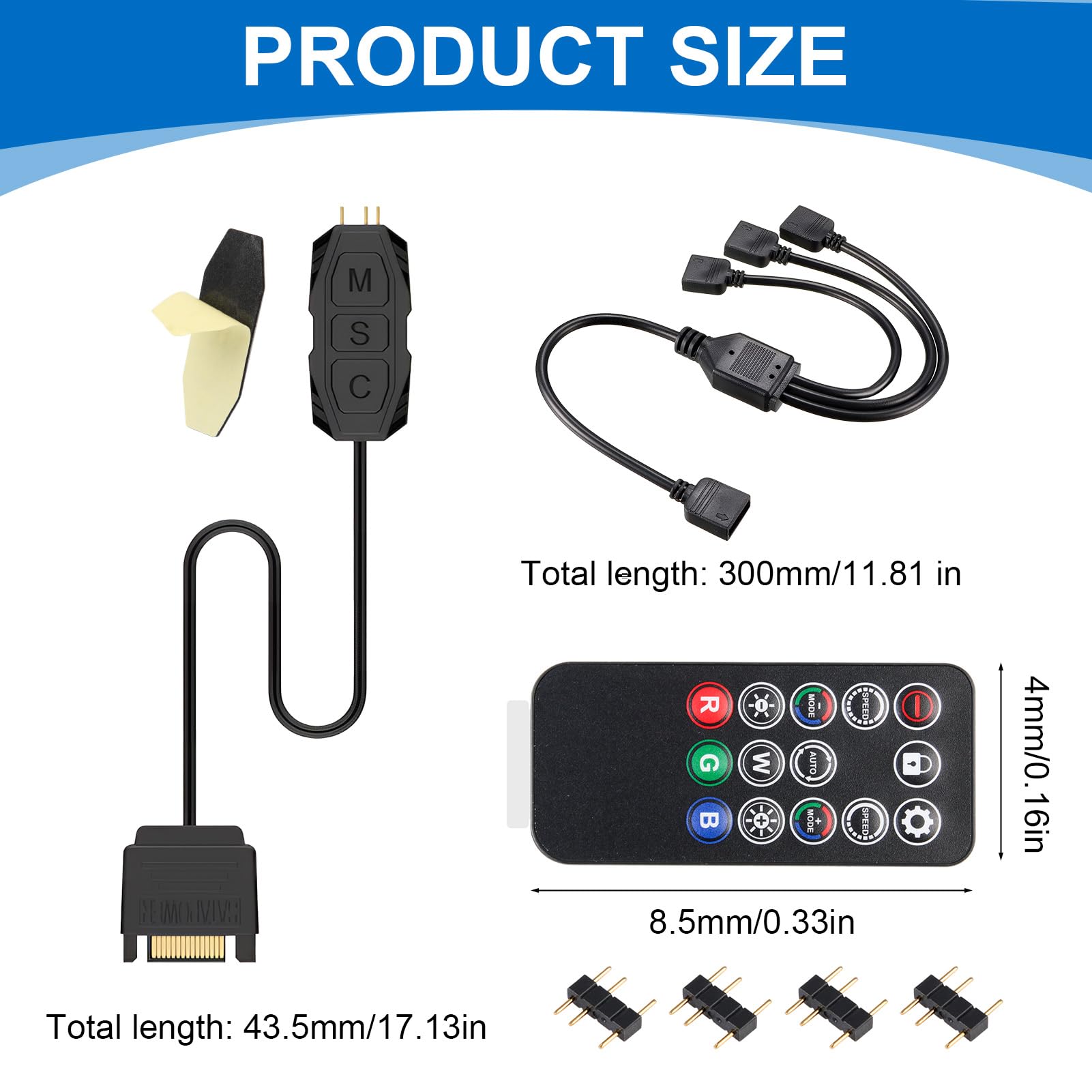 argb Controller con telecomando, controller da 5 V a 3 pin, alimentato da SATA, 14 chiavi per effetti di illuminazione RGB, adatto per ventole e strisce luminose, con cavo splitter da 1 a 3