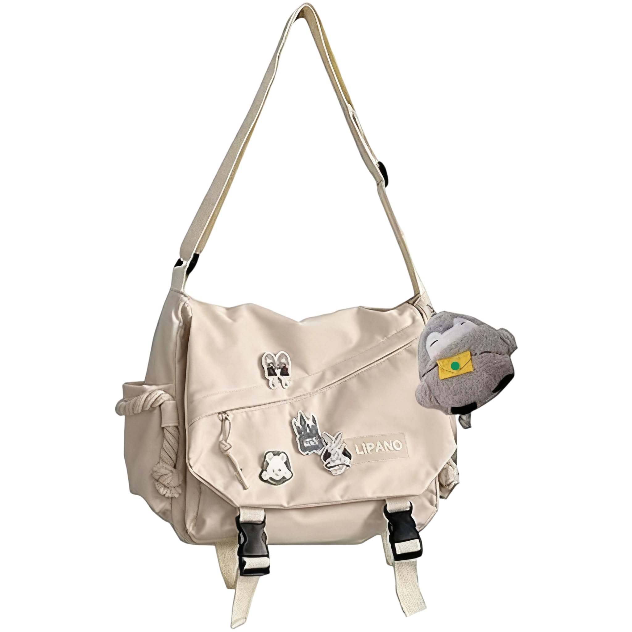 Aesthetic Crossbody Bag with Cute Pins and Ornament, Nylon Shoulder Messenger Bag Japanese Kawaii Bag for Women Men