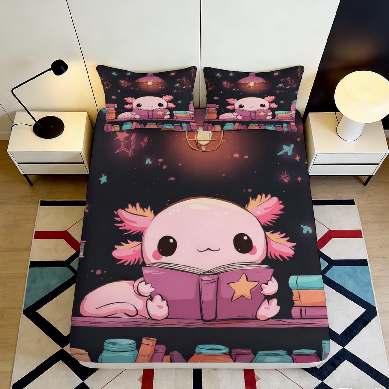 3D Printed Axolotl Fitted Sheet Microfiber Deep Pocket Non-Slip Axolotl Mattress Fitted Cover Washable Bedding for Bedroom Teens Adults 120x200x25cm