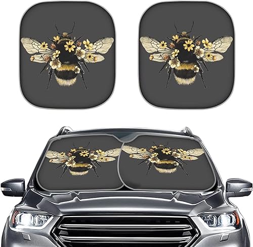 Biyejit Parasol plegable para parabrisas de automóvil de 2 piezas con diseño floral de margaritas, bloquea los rayos UV, visera solar, ajuste