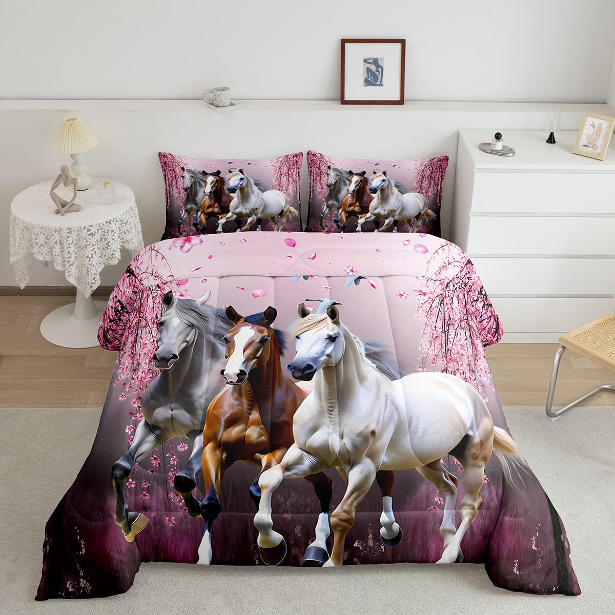 Feelyou Girls Horse Full Size Comforter Set Cherry Blossom Galloping Horse Bedding Set for Kids Boys Teens Western Duvet Comforter Floral Animal Decor