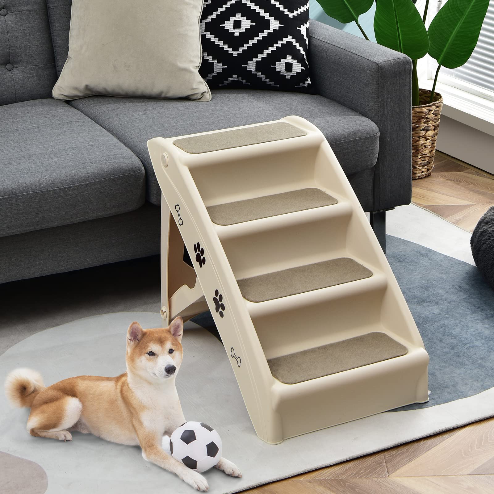 GYMAX Escalier pour Chien en Plastique 4 Marches, Rampe Intérieure et Extérieure avec Coussinets Antidérapants, Charge Max 60KG (Beige)
