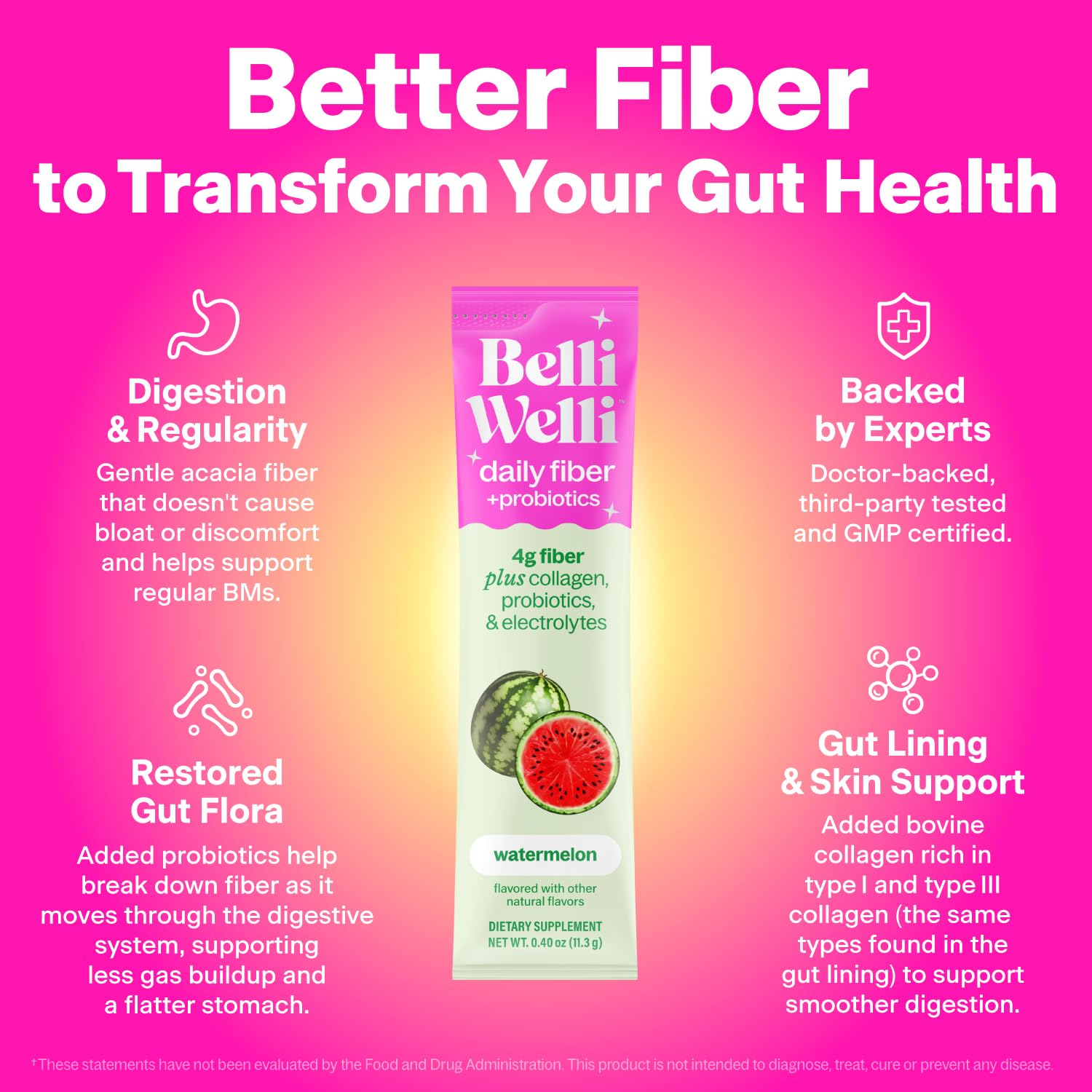 Belli Welli Daily Fiber Supplement Packets with Collagen, Probiotics & Electrolytes | Single Serve Packets for Gut Health, Digestion & Debloating | Variety | 10 Count — Amazon image 9