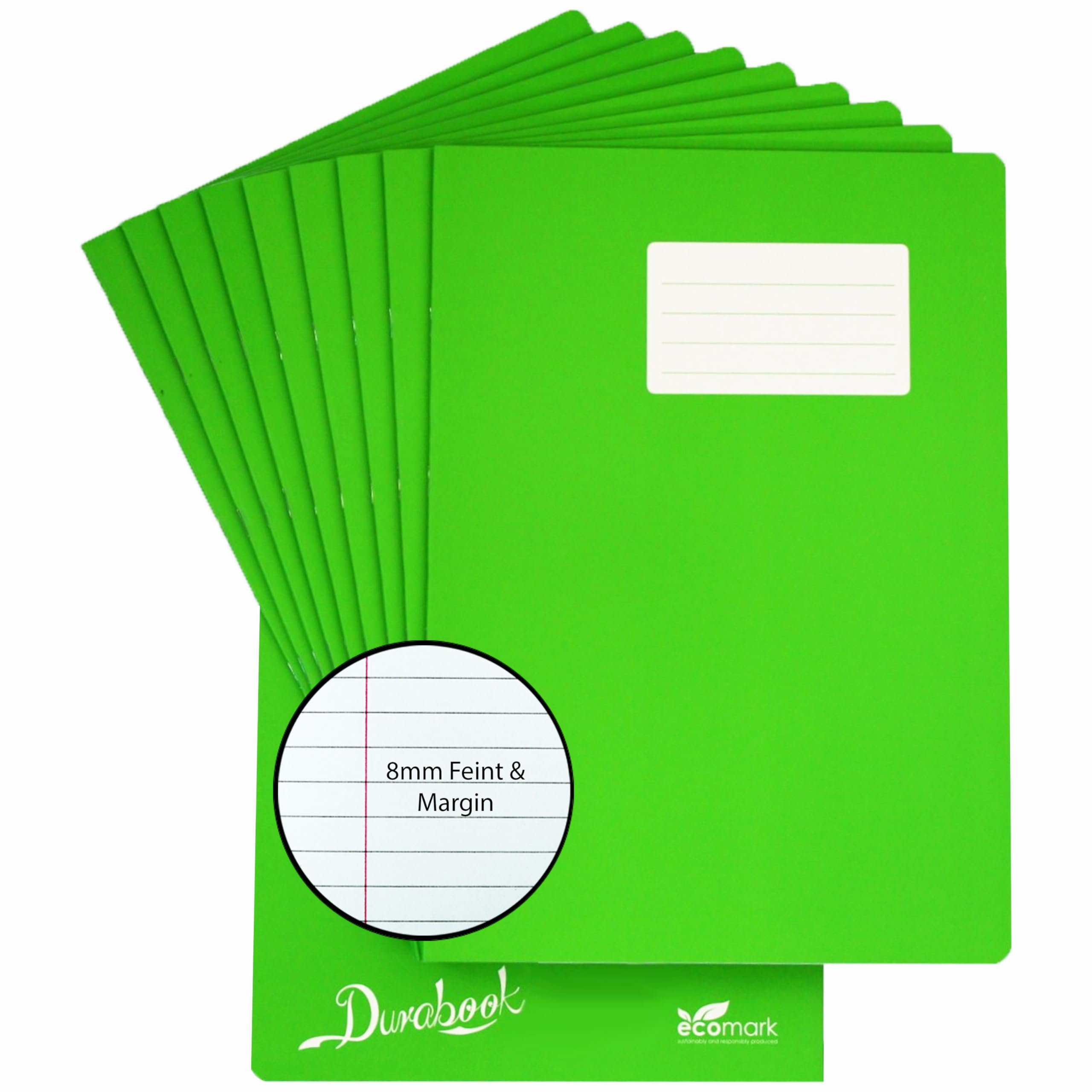 Durabook A4 8mm F&M Light Green Exercise Books Pack of 10, 80 Page School Exercise Book