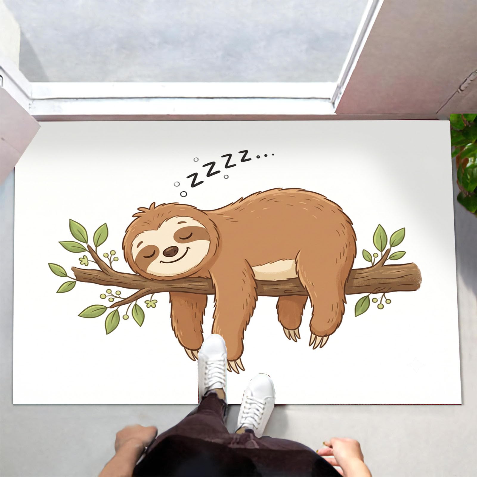 90X150Cm Zerbino Ingresso Interno Antiscivolo Assorbente, Tappeto Microfibra Sottile Lavabile Con Locandine Di Animali Cartone Animato Bradipo Dormiente Rami Per Cucina Bagno Porta Animali, Beige