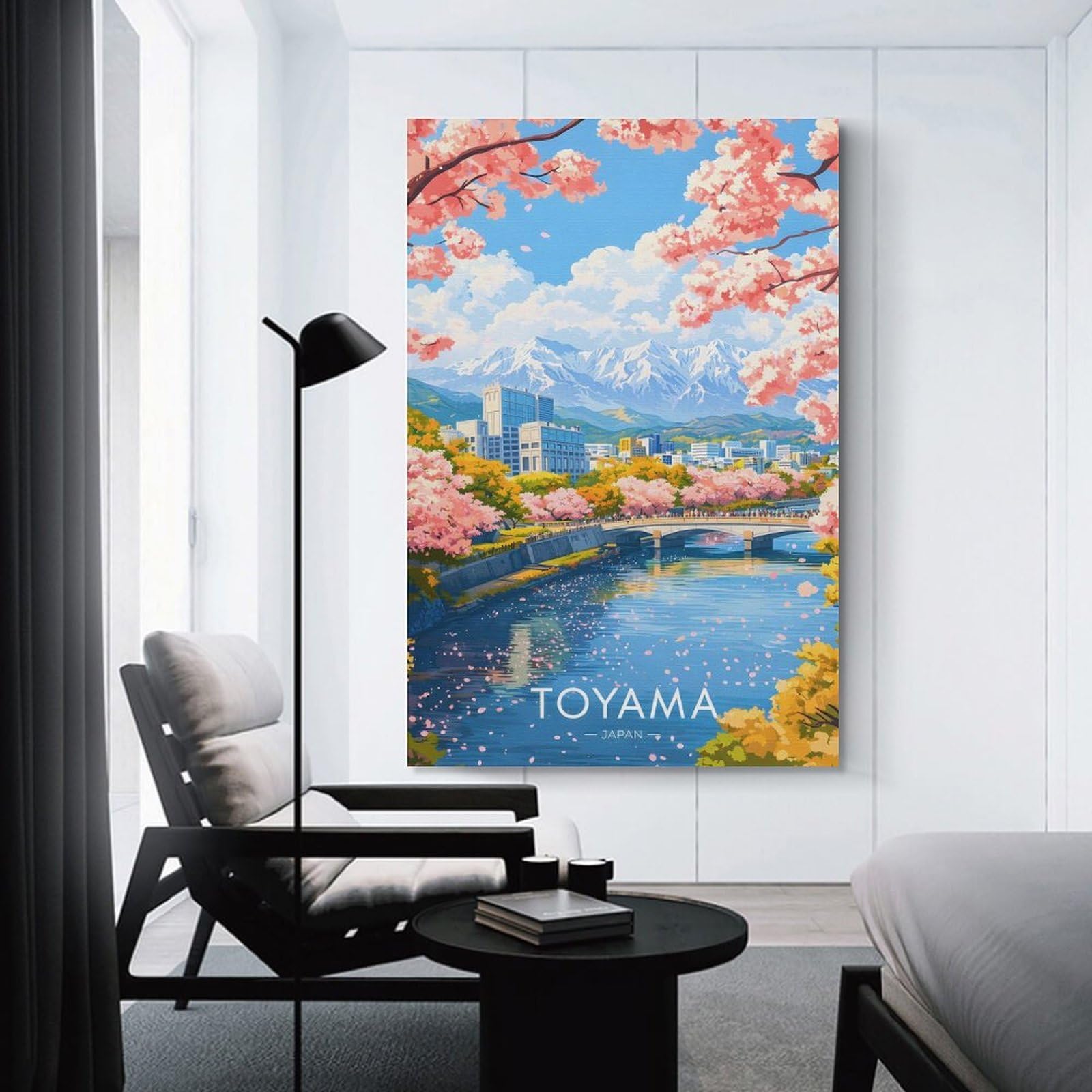 Junmoney Toyama Japan Cherry Blossoms And Mountains Canvas Wall Art 24x36inch(60x90cm), for Study, Office Or Focused Interiors, Home Office Artwork with Decorative Appeal