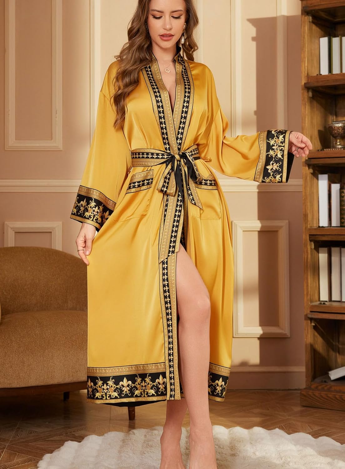 Silk Satin Robe for Women Long Kimono Robe Lightweight Floral Trim Bathrobe Luxury House Robes with Pockets