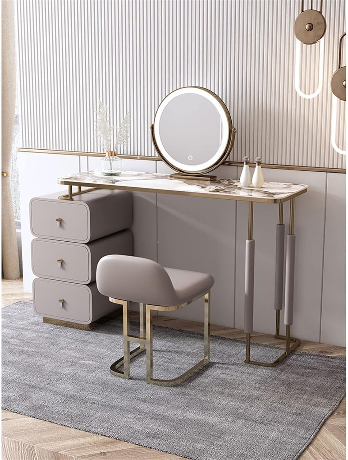 Vanity Dressing Table Set Luxury Makeup Bench with 3 Colors Led Hd Mirror,Comfortable Stool Drawers Cabinet,Modern Simple Style,for Girl's Gift (Size : 80cm) ()