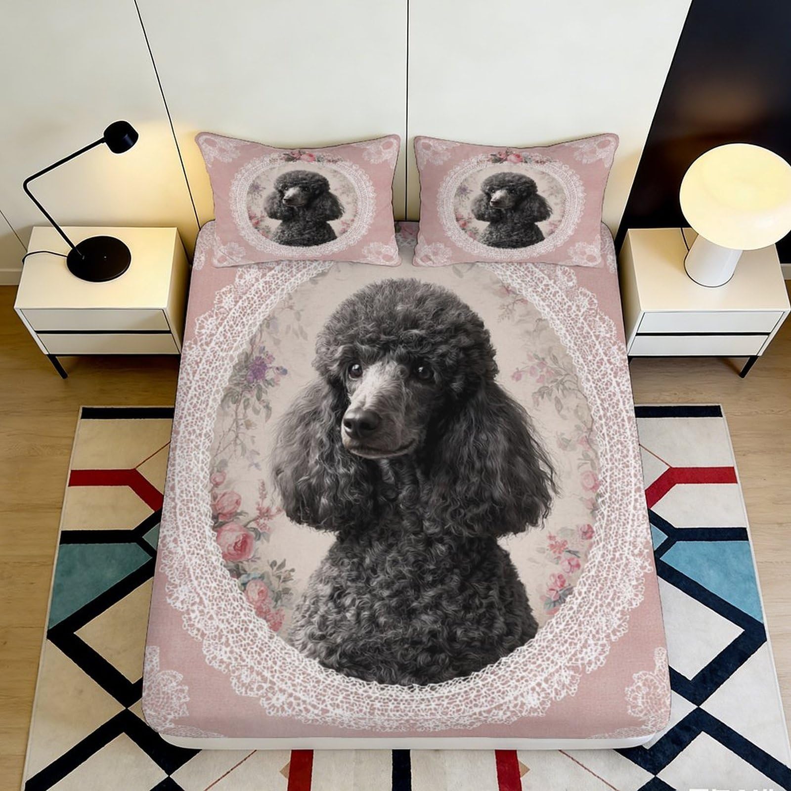 3D Printed Black Poodle Fitted Sheet Microfiber Soft Pink Dog Portrait Bed Cover for Bedroom Guest Room Decor 90x200x25cm