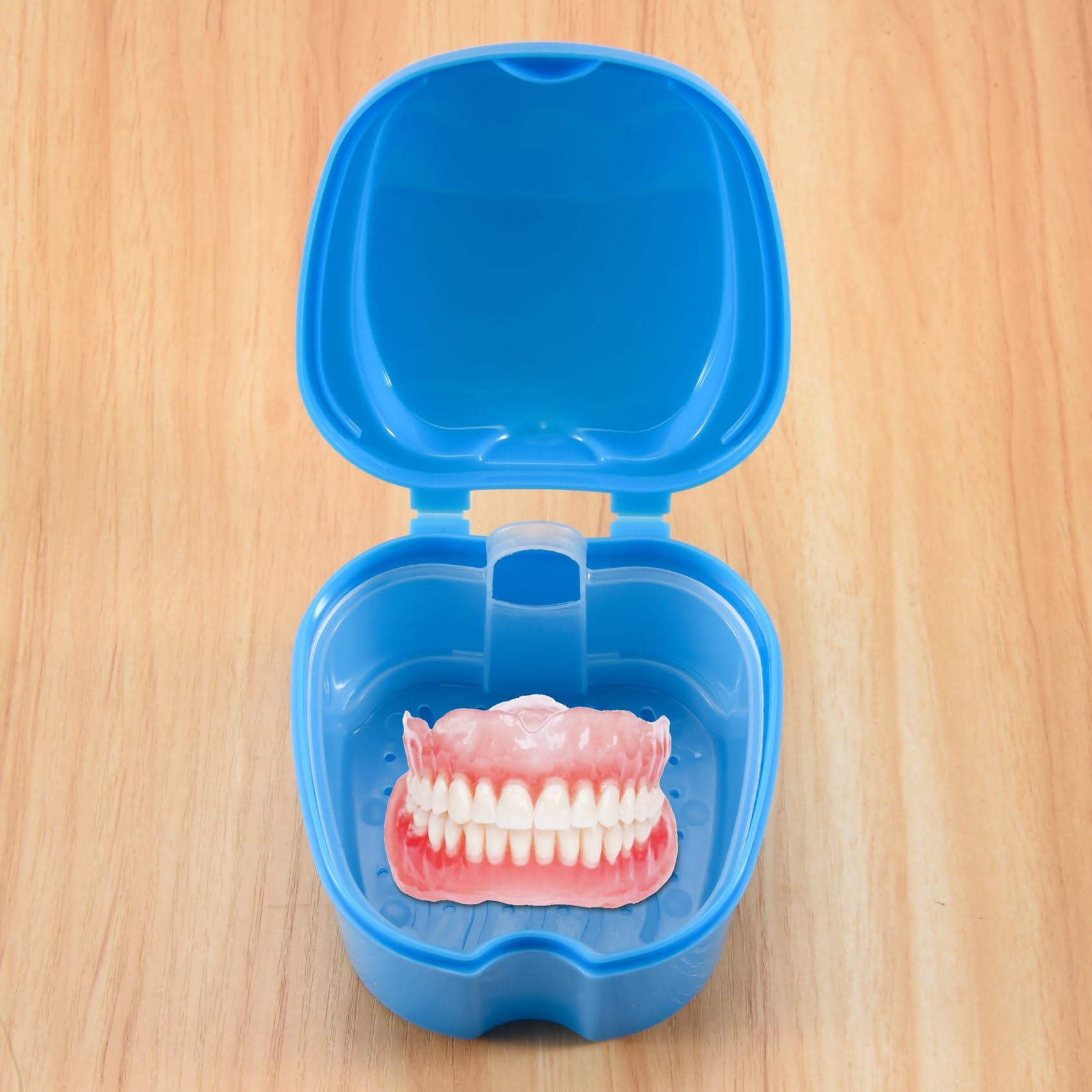 Ruitutedianzi Blue Denture Case, Denture Cup with Strainer, Denture Bath Box False Teeth Storage Box with Basket Net Container Holder for Travel
