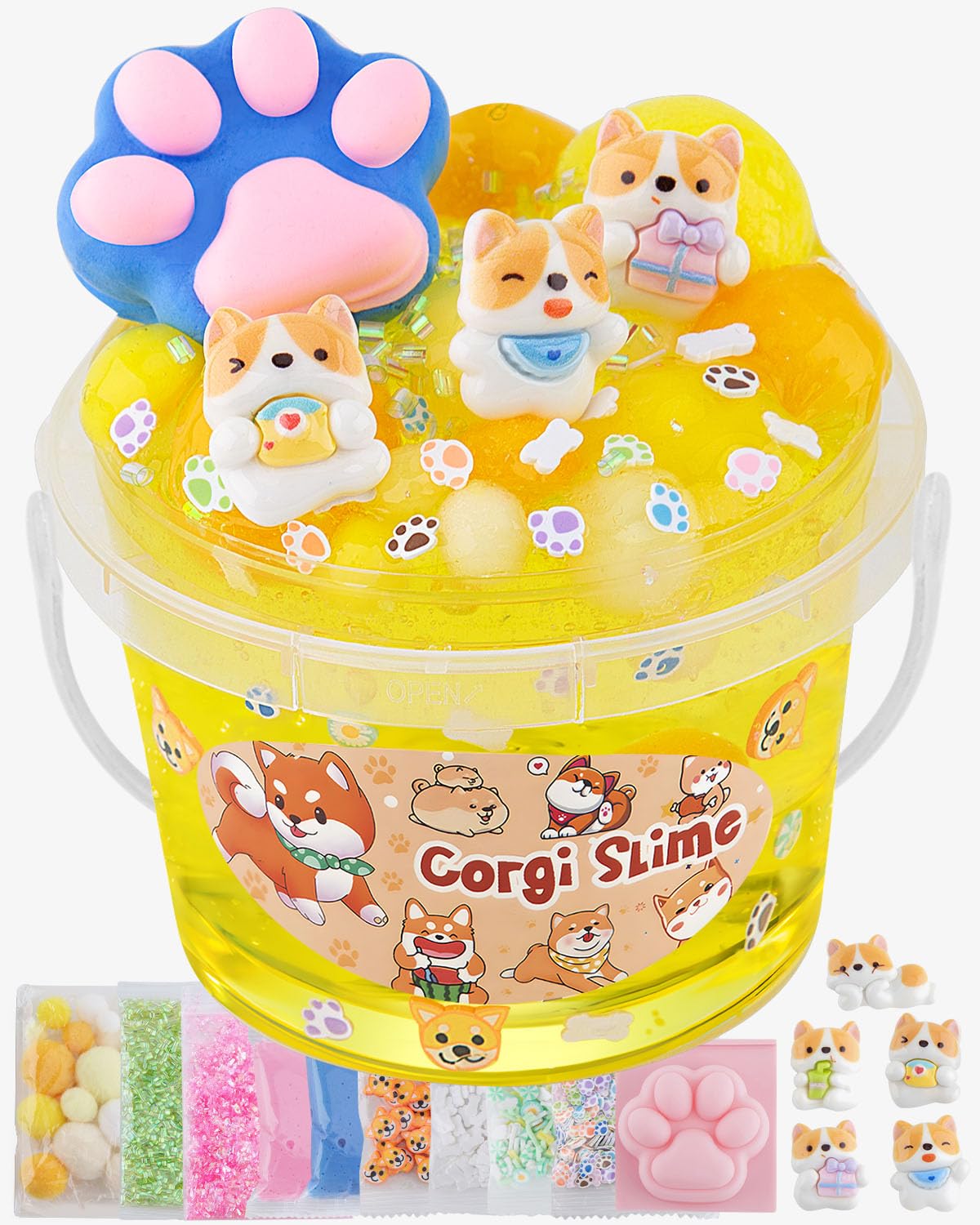 Corgi Yellow Clear Slime Kit, Big Bucket with Clay, 9 Packs of Add-ins, Party Favors for Girls & Boys Ages 8-12, Crunchy Sensory Toys, Holiday Birthday Hallowmas Gift for Kids