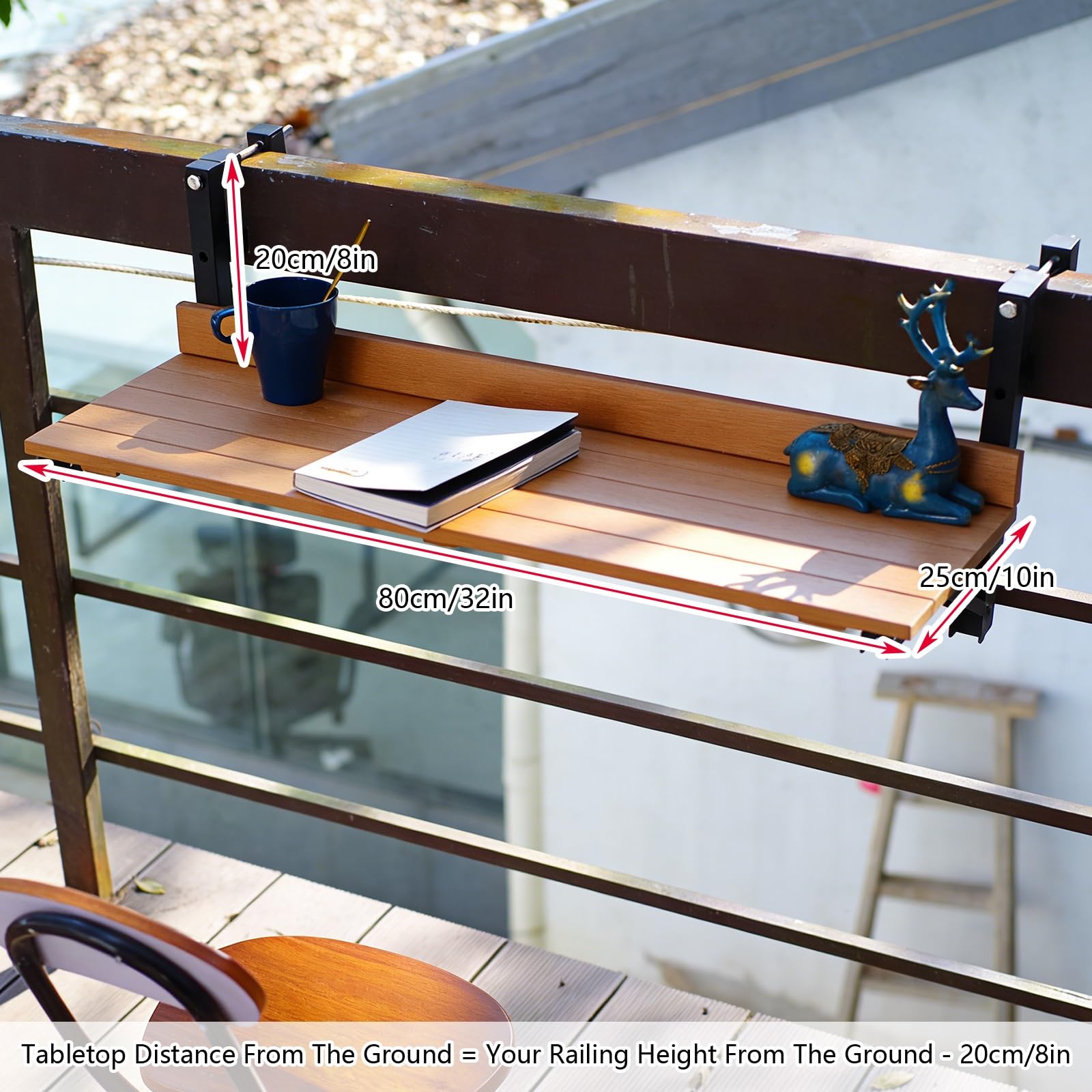 Table de Balcon Pliante pour Garde Corps avec Fixation Réglable, Table Suspendue Balcon en Composite Bois-Plastique pour Balcon, Terrasse Et Patio