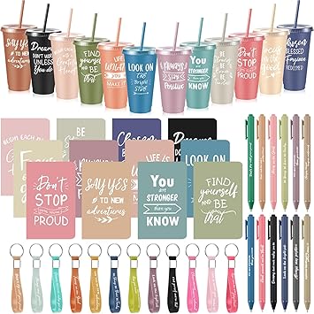 12 Sets / 48 Pcs Inspirational Gifts Bulk for Employee Appreciation, 24 oz Plastic Cups and Pens Notebooks Keychains Set, Group Gifts for Office Staff Coworkers (Morandi)
