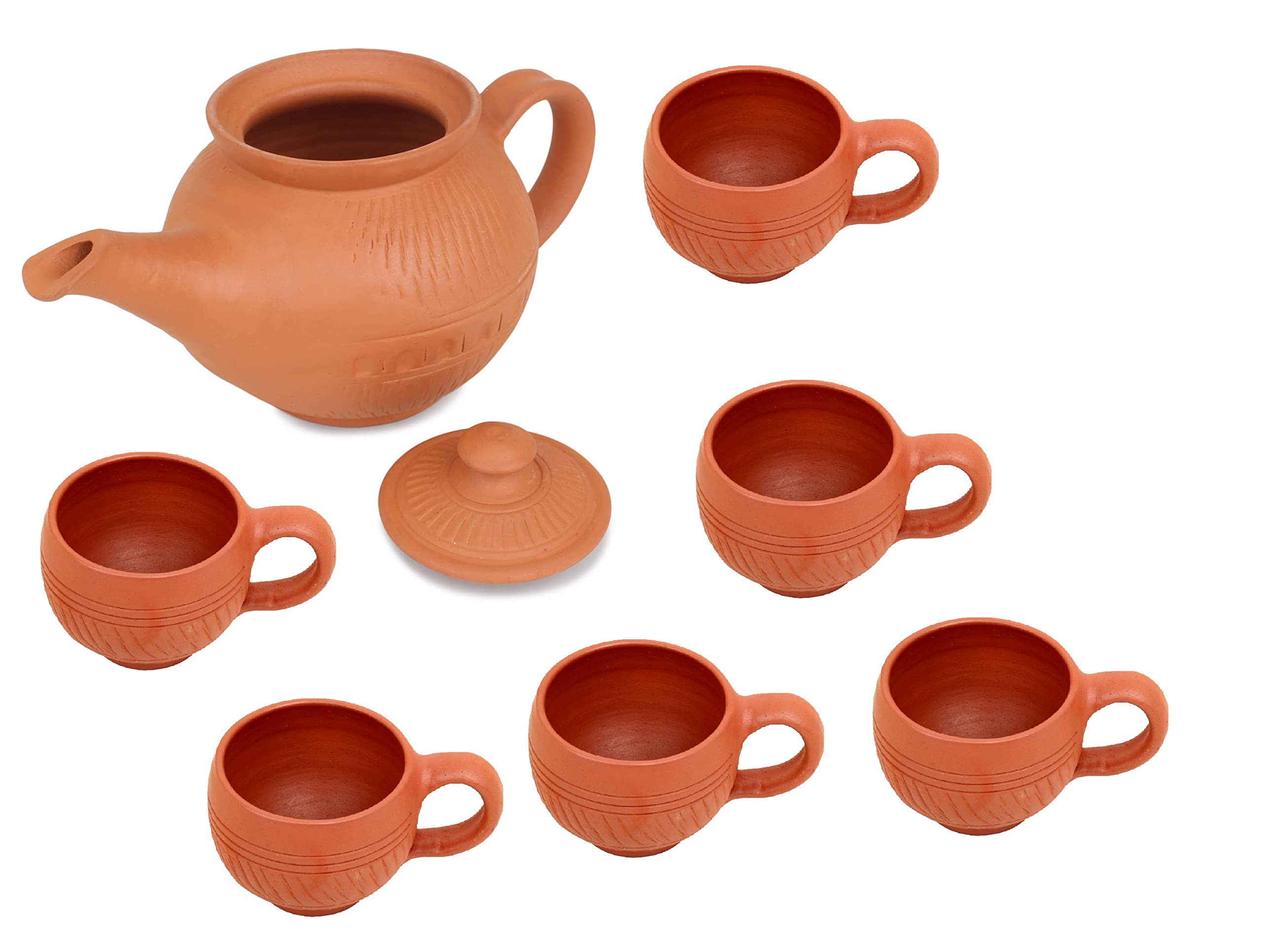KSI Handcrafted Mitti Clay Tea Kettle with Lid and Tea Cup Coffee Cup Set Handmade Earthen Clay Kulhad Kullar Chai ke Cup Pack of 6, Kettle 750 ml, Cups 115 ml Each