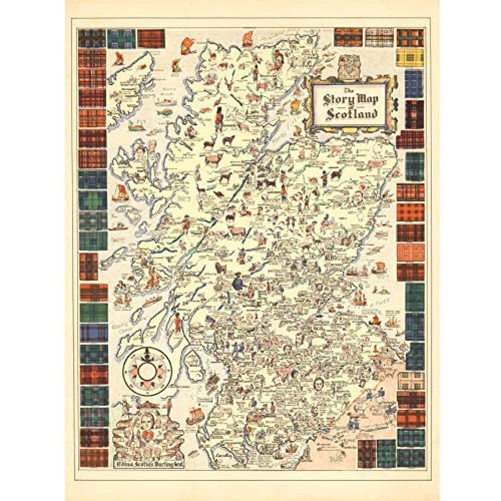Artery8 Map Colortext 1935 Story Scotland Historic Pictorial Art Print Canvas Premium Wall Decor Poster Mural