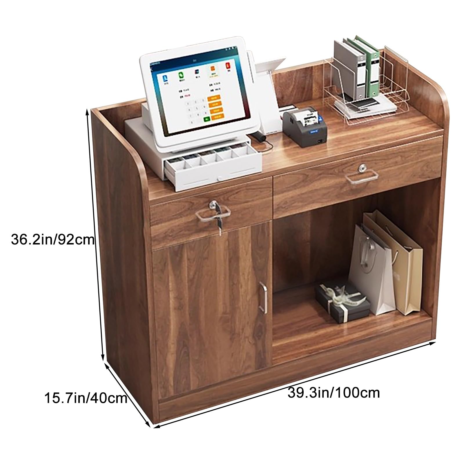 Moderner Empfangstisch mit abschließbarer Schublade, kleiner Thekentisch für Salon, Büro und Lobby, Braun, 100 cm, stilvolle und funktionale Empfangsmöbel
