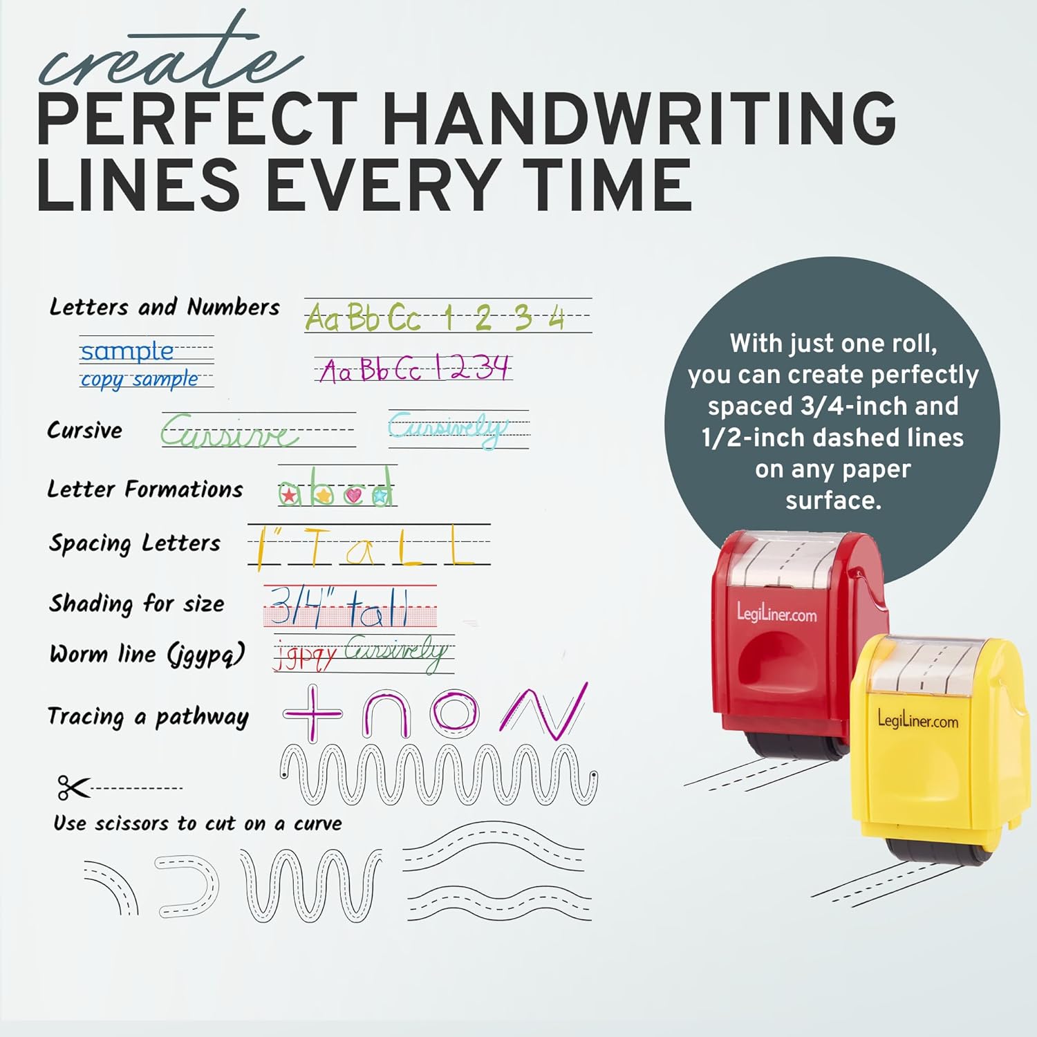 LEGILINER Set of 2 Tri-Lined Dashed Handwriting Teacher Stamps – 3/4" Red & 1/2" Yellow with Free Ink Refill. Classroom, Homework & Home Use. Refillable Ink Writing Practice Roller Stamp Set.