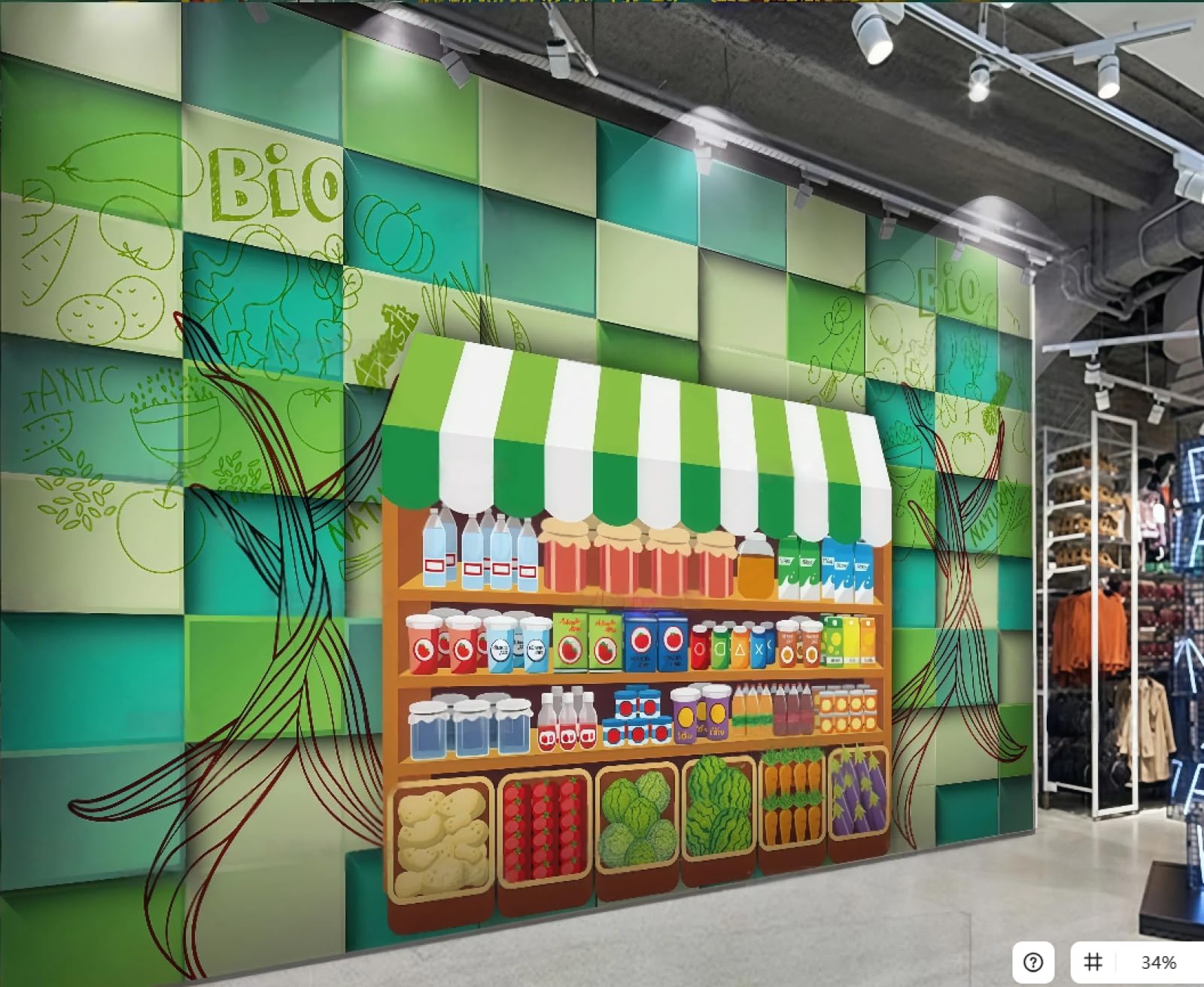 XDOUBAO Wallpaper Hand-Painted Green Checkered Vegetable and Fruit Stall Shopping Mall Lobby Afternoon Tea Western Restaurant Background Wall Wallpaper Coffee Shop Mural,3D,350x245cm