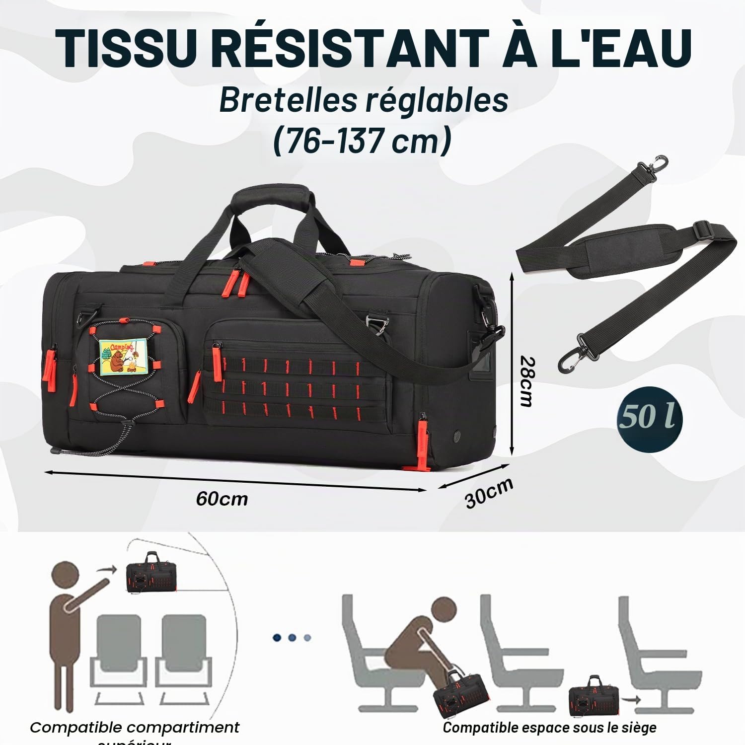Sac de sport avec fonction sac à dos pour homme et femme 3 en 1 50 l - Grand sac de voyage tactique avec chaussures - Imperméable - Pour natation, alpinisme, voyage, weekend - Noir