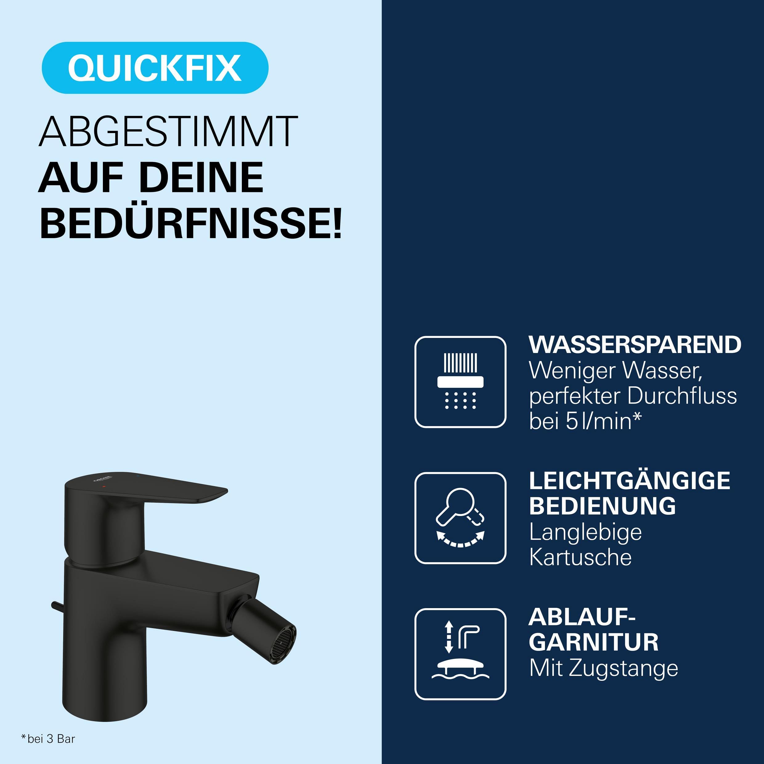 GROHE StartEdge, Bidetarmatur, wassersparend (WC Dusche für die Toilette im Bad, Kugelgelenk-Mousseur, mit Zugstangen-Ablauf, 13cm hoch, inkl 3in1 Tool, einfache Installation), mattschwarz, 233452431