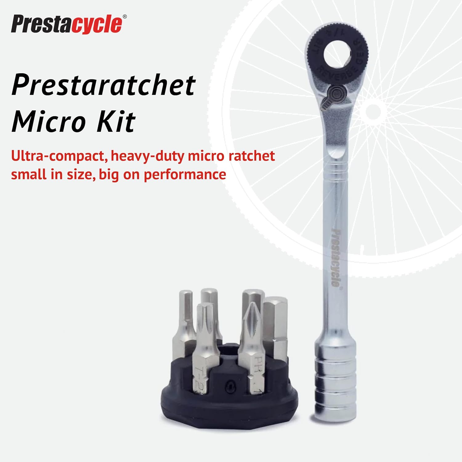 Prestacycle Prestaratchet Micro Pocket Ratchet Kit with (6) S2 Bits and Round Holder Stand – Compact 1/4" Hex Ratchet Tool, Reversible Thumb-Wheel, Heavy-Duty 40Nm Torque