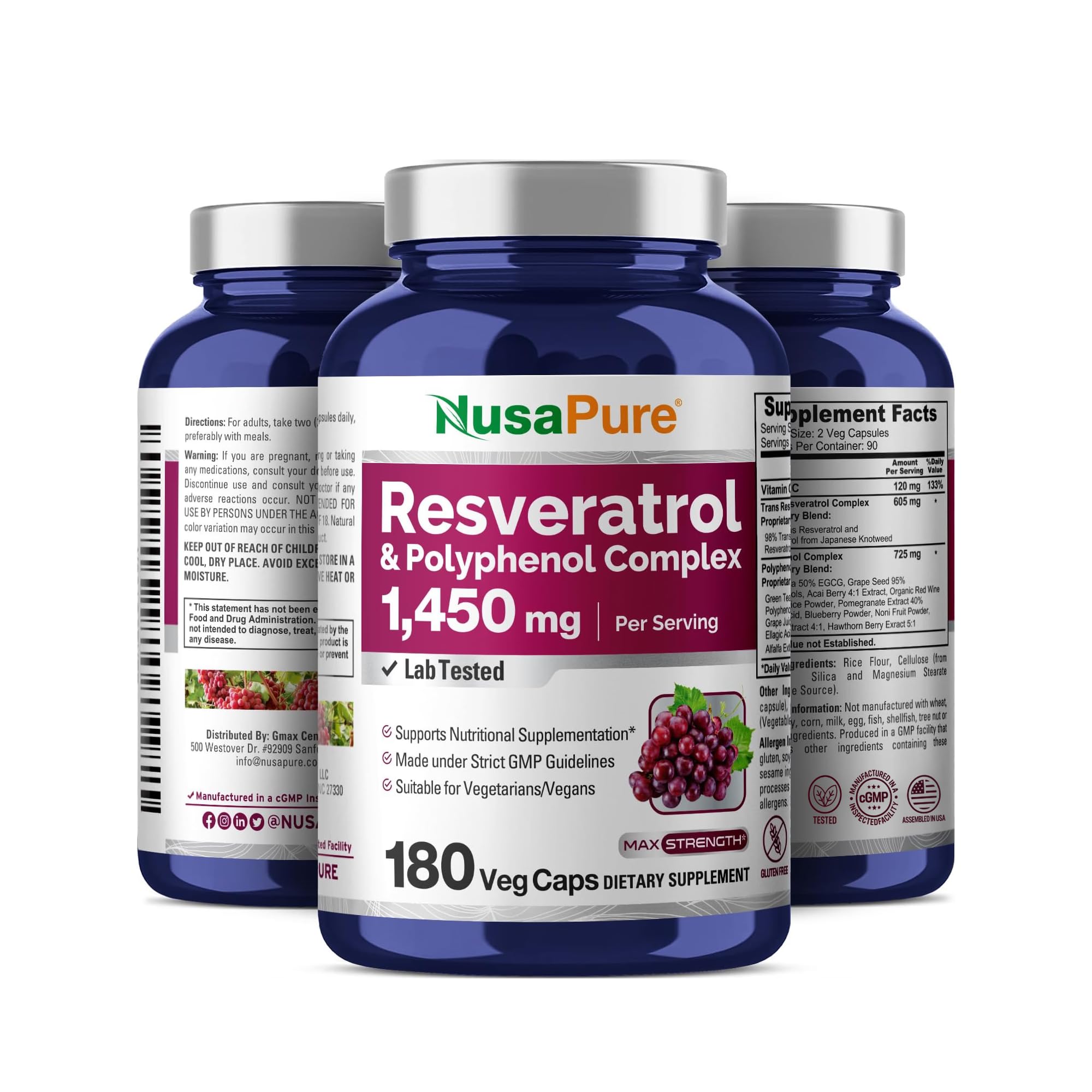 NusaPure Resveratrol & Polyphenol, Vegan, 1450mg, 180 Capsules-90 Servings — Amazon image 4