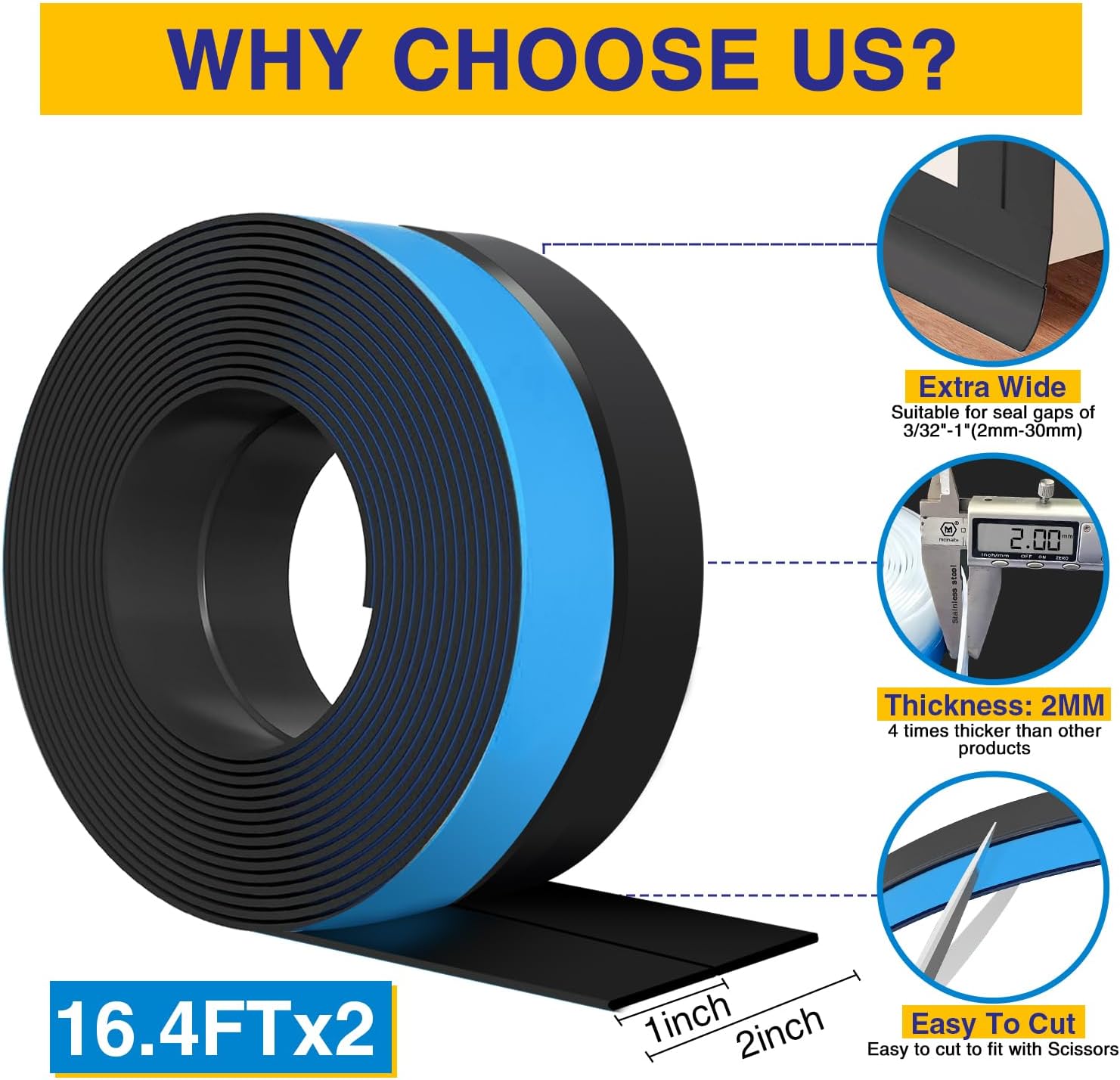 ウェザーストリッピング 長さ32.8フィート x 幅2インチ ドアドラフトストッパー シリコンシールストリップ 家やガラスシャワー用