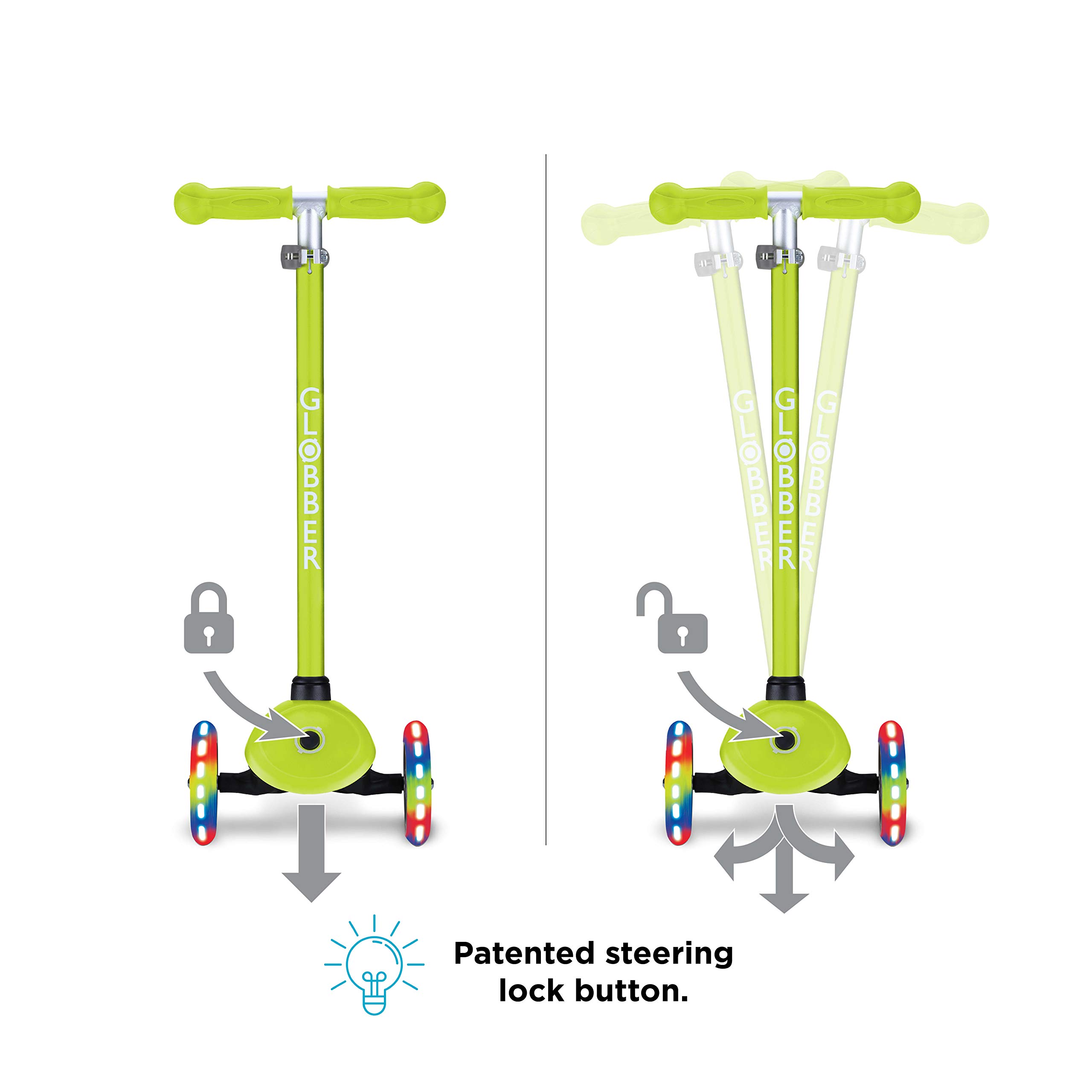 Globber Primo Lights hulajnoga dziecięca, 120/80 mm, ABEC 5, 3-kołowa, z regulacją wysokości, kółka LED, limonkowa zieleń