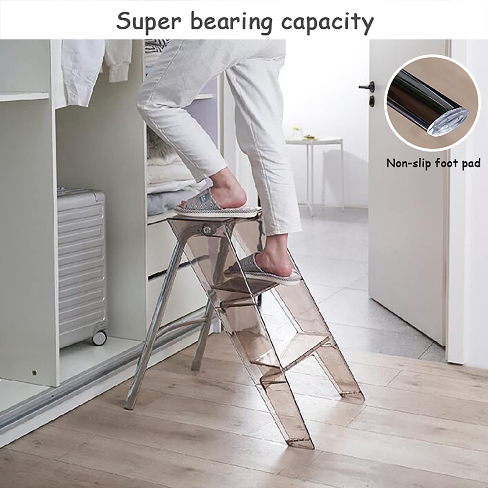 Mensola pieghevole a 3 gradini in acrilico trasparente, antiscivolo, per uso interno ed esterno, versatile, espositore per cucina e soggiorno, grigio, 44 x 59 x 61 cm