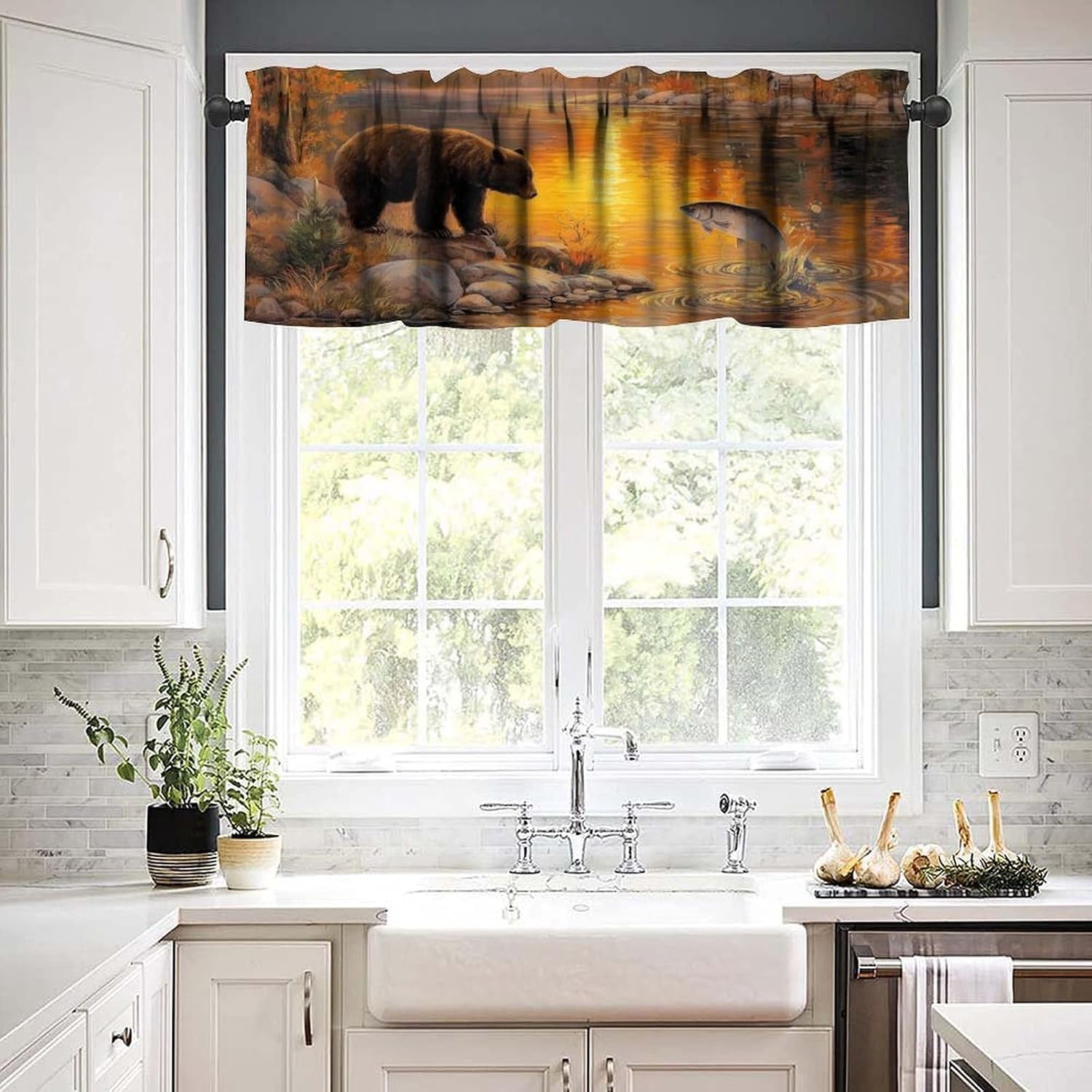 Bear Fish Kitchen Valance Rural Brown Sunset Forest Hunting Lodge Wild Black Bear Bass Animals Pattern Window Treatment for Kids Boys Living Room Bedroom 54x18In