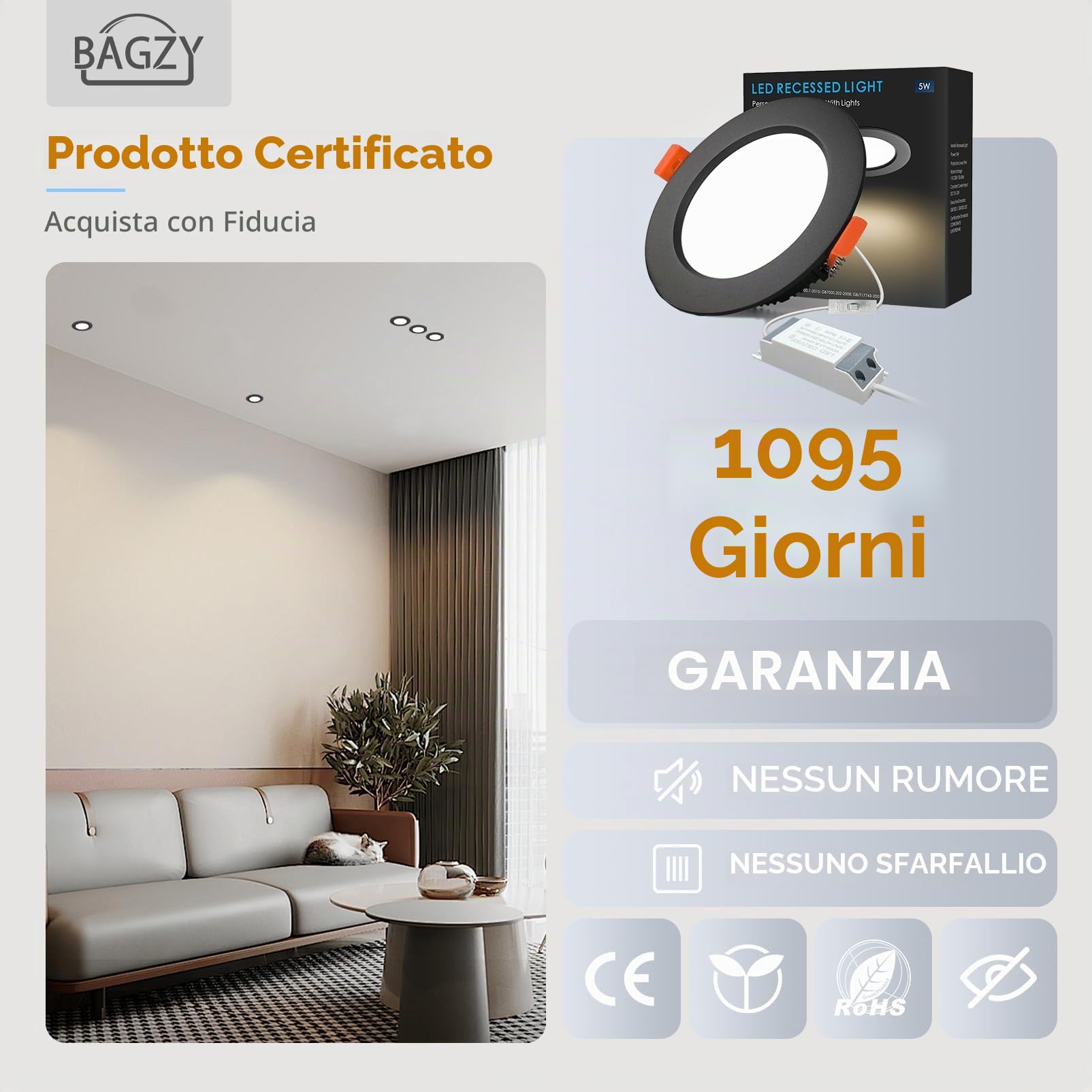 BAGZY 10 Faretti Led da Incasso Nero, 7W 700 Lumen,Luci Ultrasottili da Soffitto e per l’illuminazione da Interno,Bianco Naturale 4000K,foro incasso Ø80-90mm,AC 220-240V,per Camera da Letto Bagno