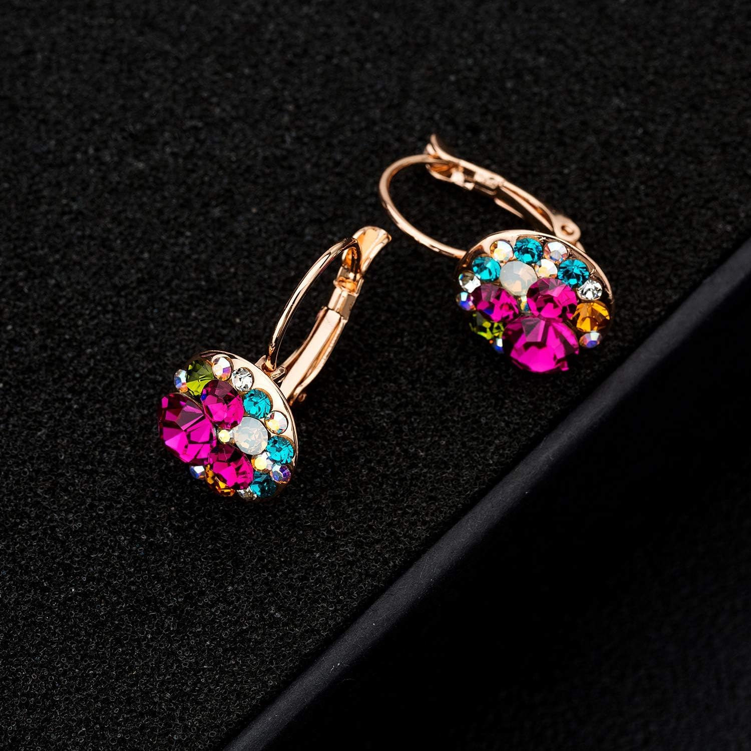 Multicolored Austrian Crystal Leverback Earrings for Women 14K Gold Plated Dangle Hoop Earrings Hypoallergenic Jewelry - Image 3