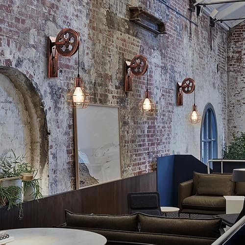 American Country Wall SconceIndustrial Vintage Wall SconceIron Pulley Wall SconceDining Room Hallway Aisle Light (Red Gold) Cage Wall Sconce