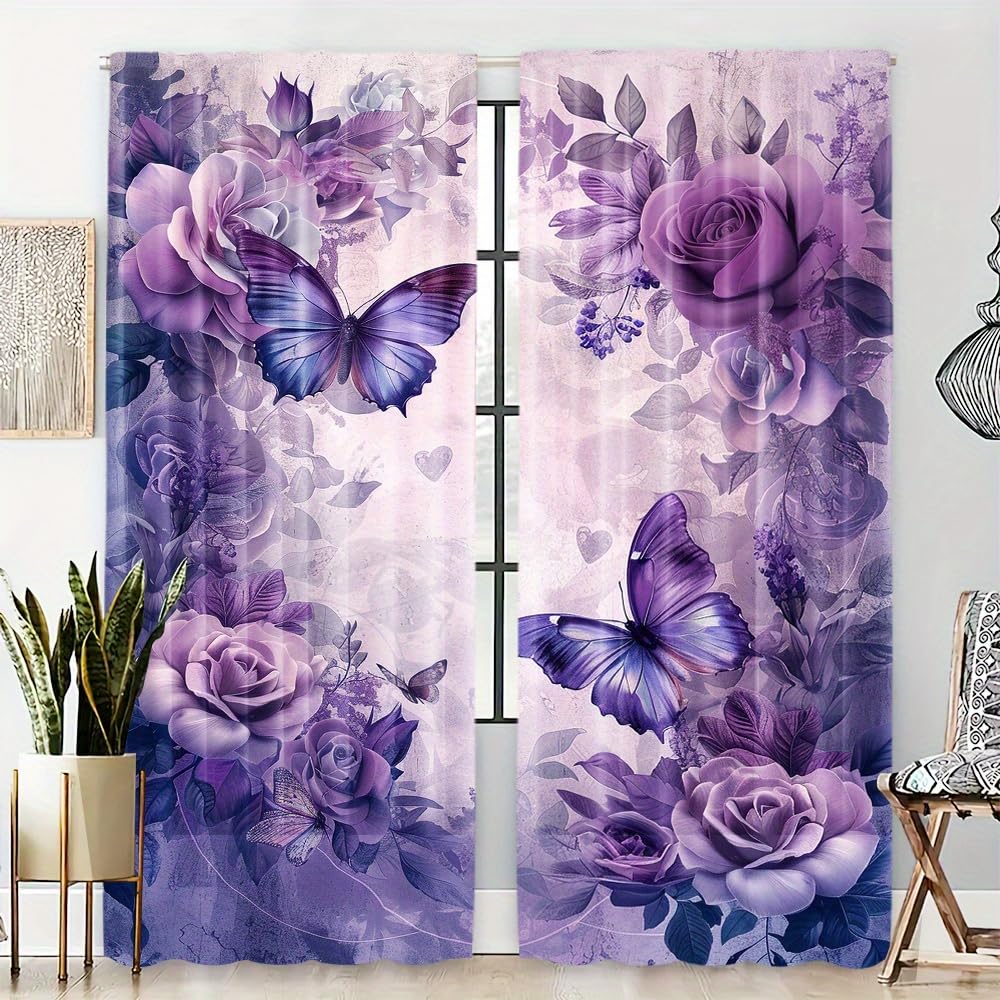 SMXVRC Purple Peony Blackout Curtain Romantic Dreamy Flower Butterfly Print Curtains Energy Saving Thermal Insulated Room Darkening Window Drapes with Grommets for Living, W55 x L72 x 2 Panels