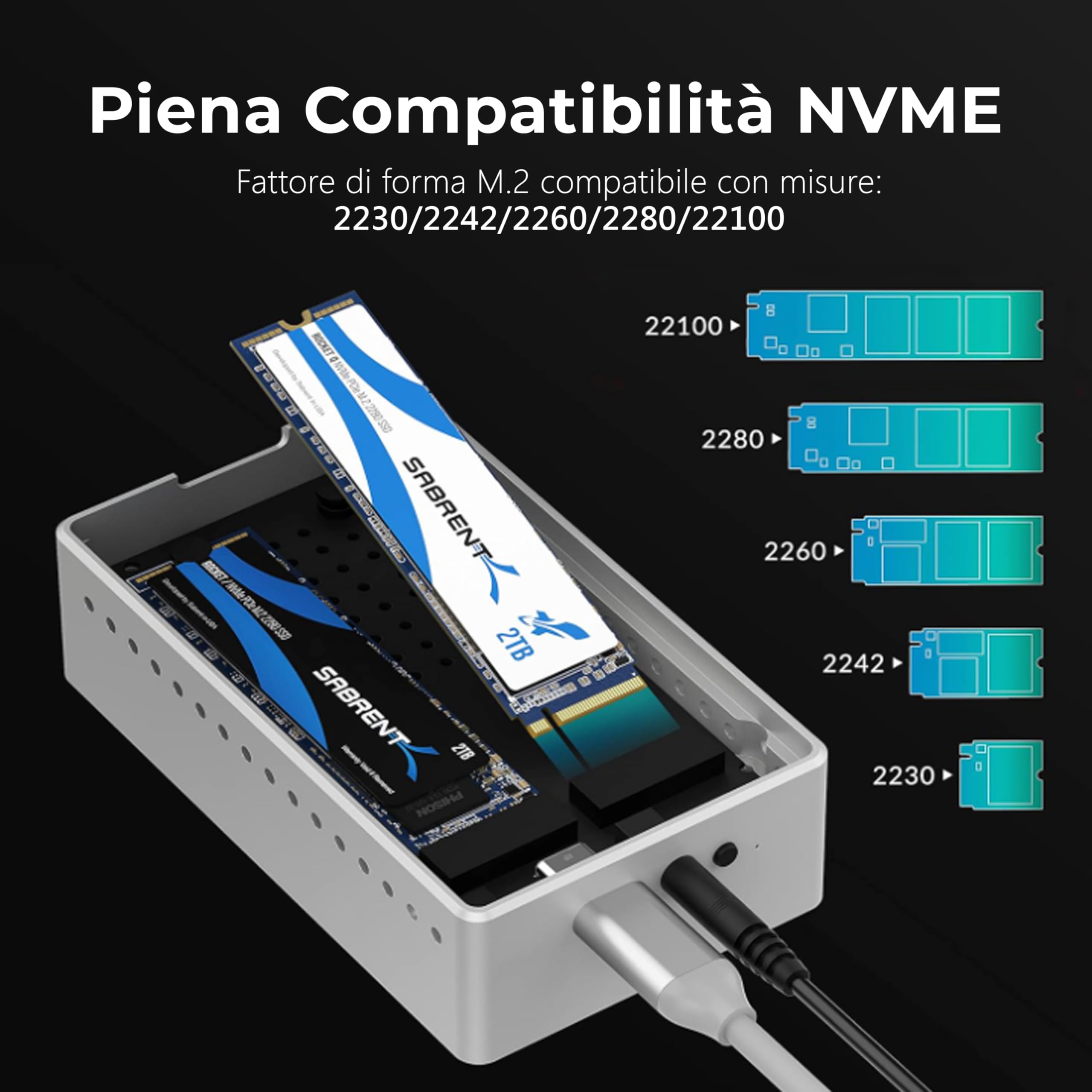 SABRENT Docking Station SSD M.2 NVMe PCIe a USB C e USB 3.0, 2 slot per SSD, con alimentatore, per SSD SATA con misure 2230/2242/2260/2280, con funzione Duplicatore/Clonatore offline (EC-SSD2)