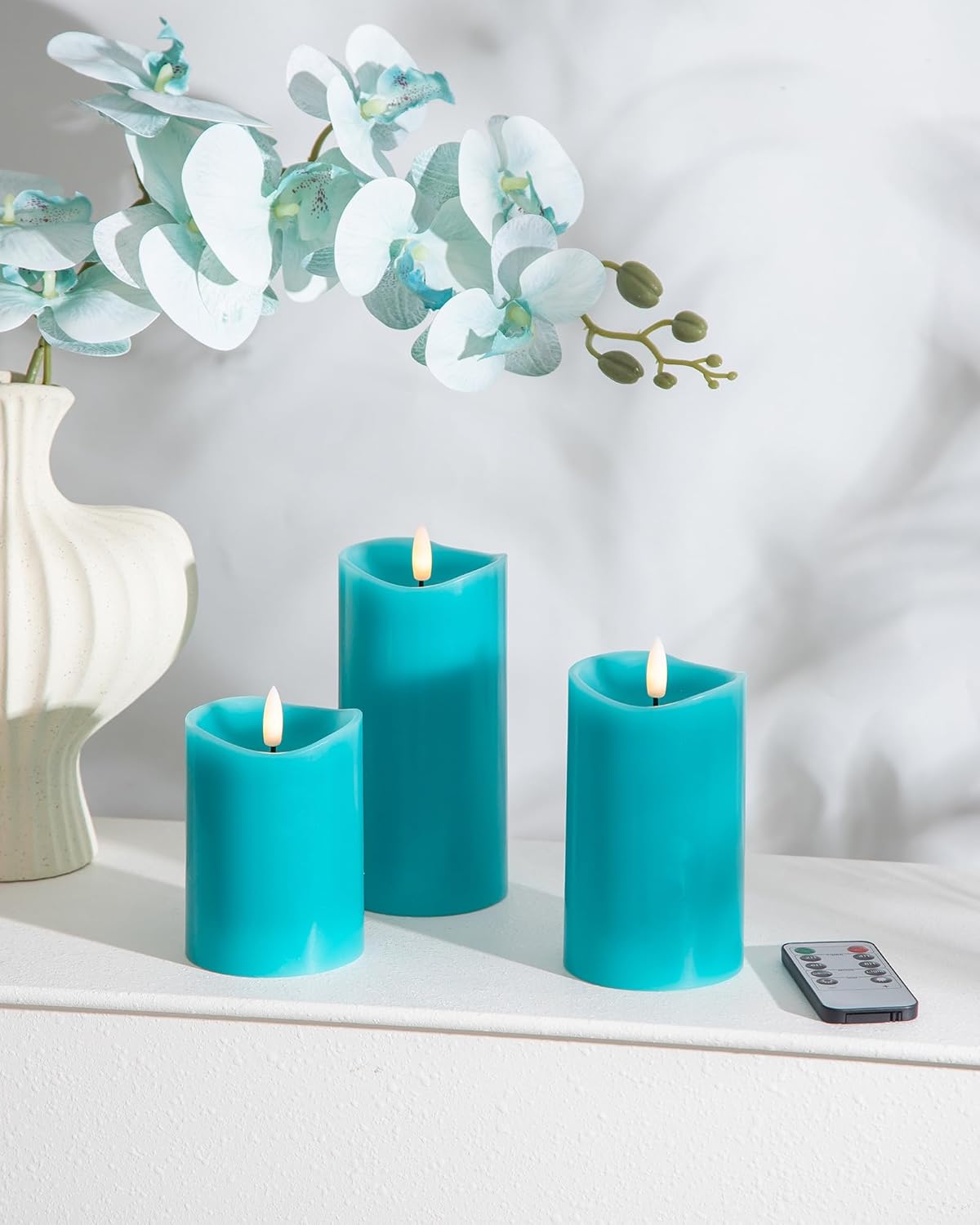 Teal Flameless Candles with Remote Timer, Real Wax Made LED Pillar Candles Battery Operated with 3D Flickering Flame, Teal Bathroom Accessories, Turquoise Set of 3 (3" x 4",5",6")