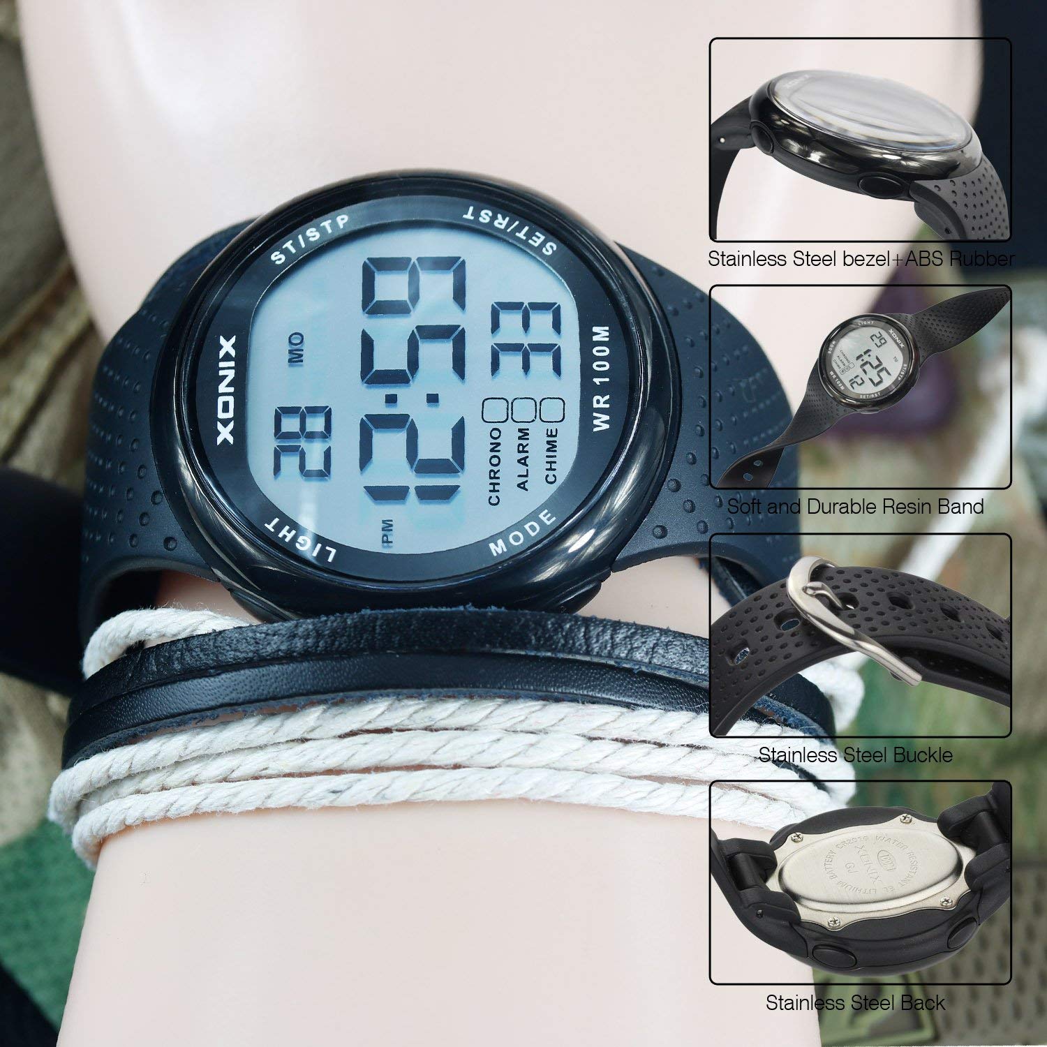 Herren digitale LED Uhr mit geringem Verbrauch Multifunktions wasserdicht 100 m Wassersport Tauchen Schwimmen Silikonarmband Durchmesser 44 mm…