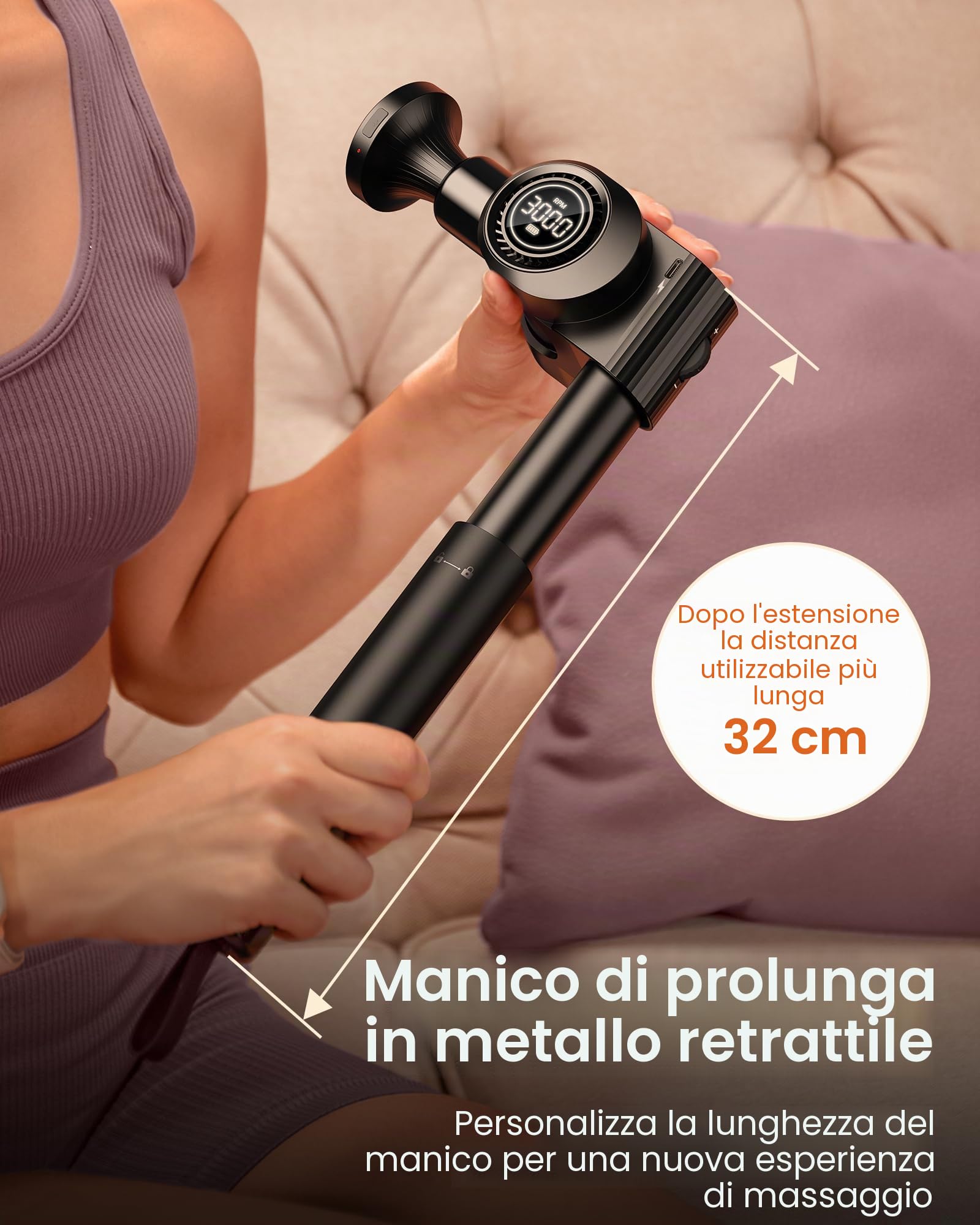 Pistola massaggiatrice con funzione riscaldamento e fototerapia rossa,Massage Gun Pistola Massaggiatrice con prolunga, Massaggiatore a percussione per relax di spalle/corpo/schiena,32 velocità