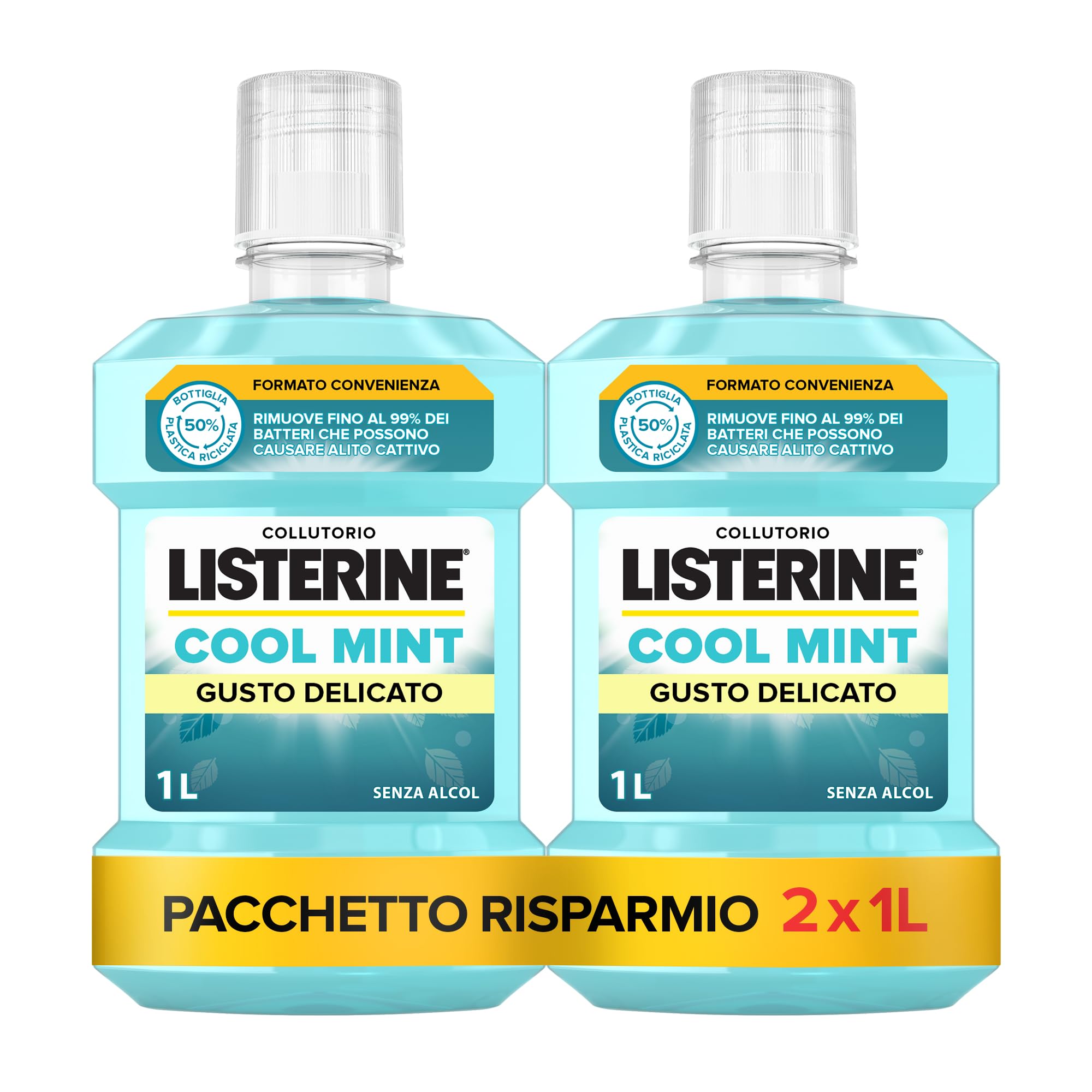 LISTERINE Cool Mint, Collutorio 0% alcol a base di Oli Essenziali di Menta, Timo, Betulla, Collutorio Listerine senza alcool per un'igiene orale completa, Confezione da 2 x 1L – Esclusiva Amazon