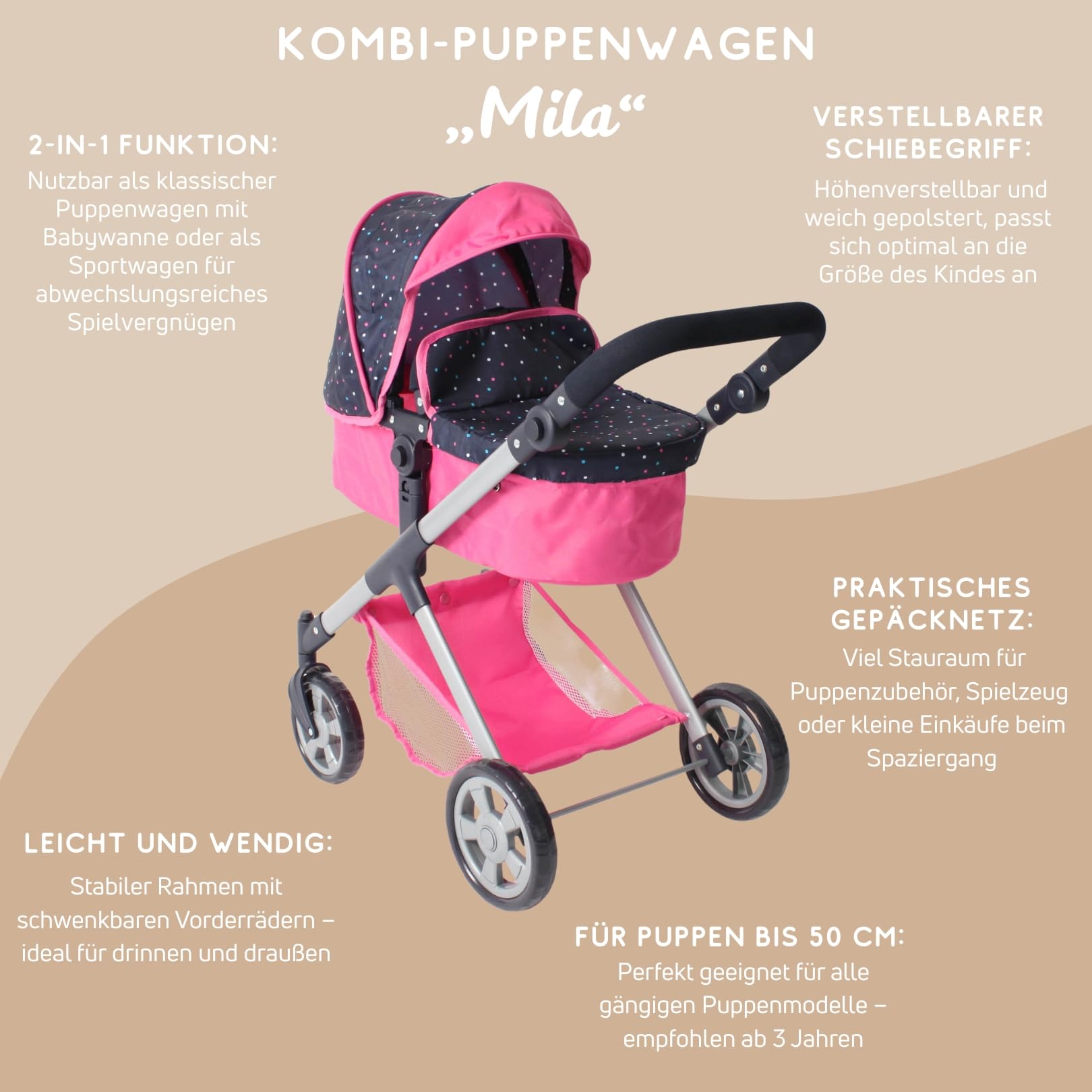 Bayer Chic 2000 Puppenwagen Mila, 2in1 Kombi-Puppenwagen, Konfetti pink | 2in1 Puppenwagen mit wendbarem Sportsitz, Babywanne & schwenkbaren Rädern. Höhenverstellbar 39-72 cm
