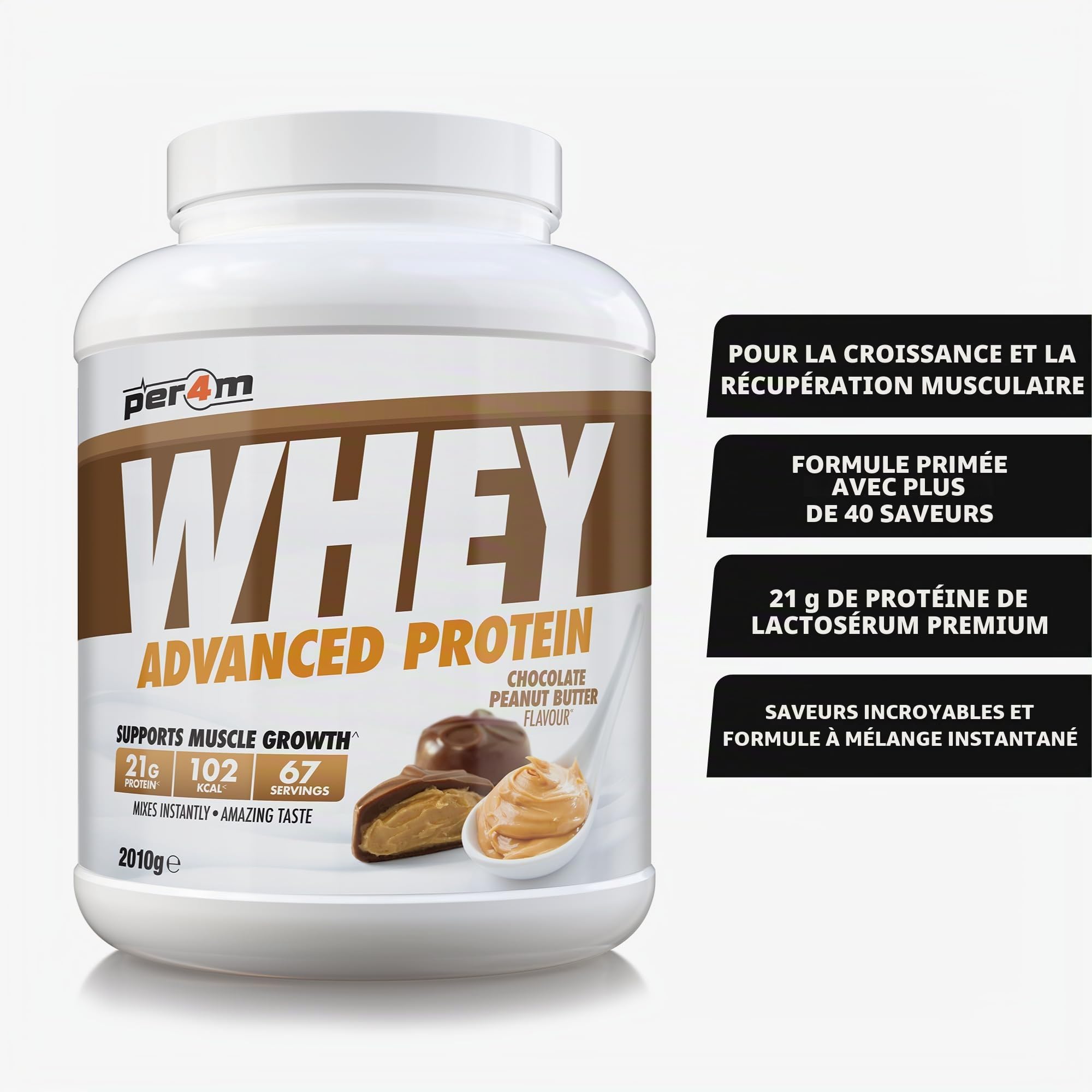 Per4m Whey Protein Concentrée, Prise de Masse et Récupération Musculaire, Acides Aminés Essentiels, Haute Protéine, Faible en Glucides, Complément Fitness – Chocolate Peanut Butter – 2010g