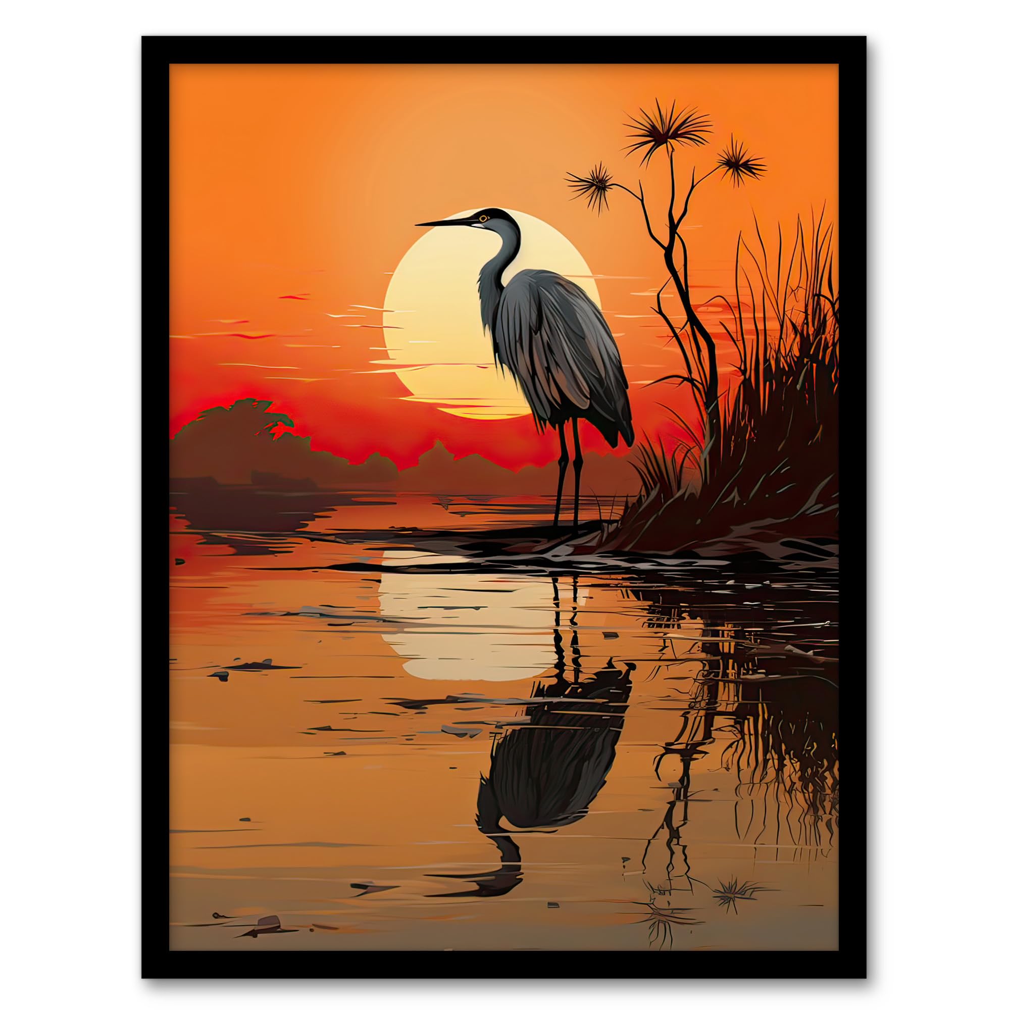 Artery8 Heron in Coastal Landscape Lake Sunset Red Orange Artwork Artwork Framed Wall Art Print A4