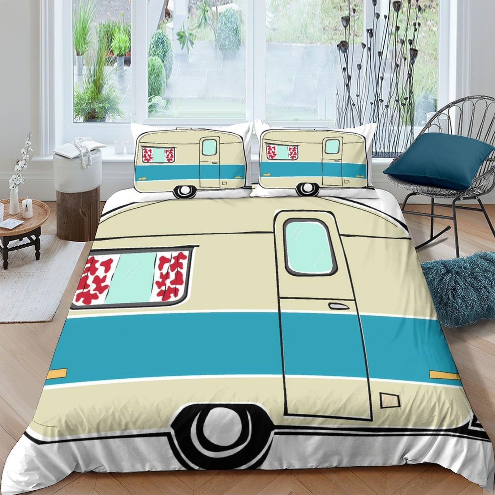 GPLZQXKJNH 3D Printed Caravan Camper Duvet Cover Microfiber Soft Breathable Retro Trailer Bedding Set with 2 Pillowcases for Bedroom Decor Single（135x200cm）